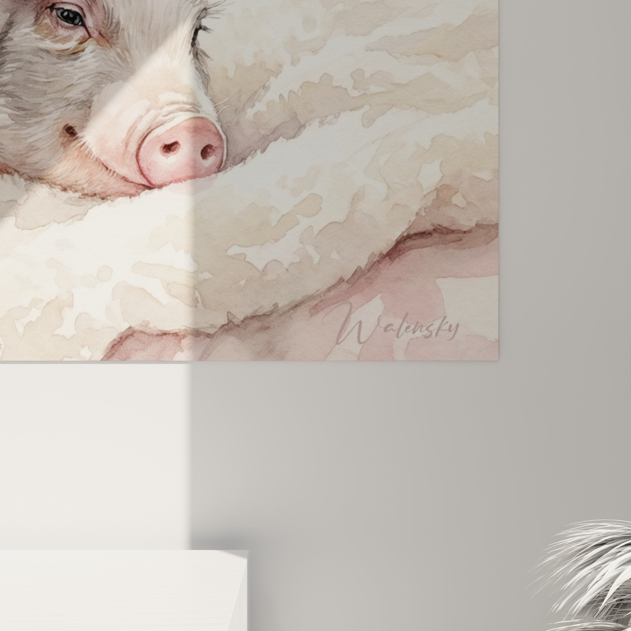 Full view of sleeping pig wall art in pastel interior decor, soft and soothing atmosphere