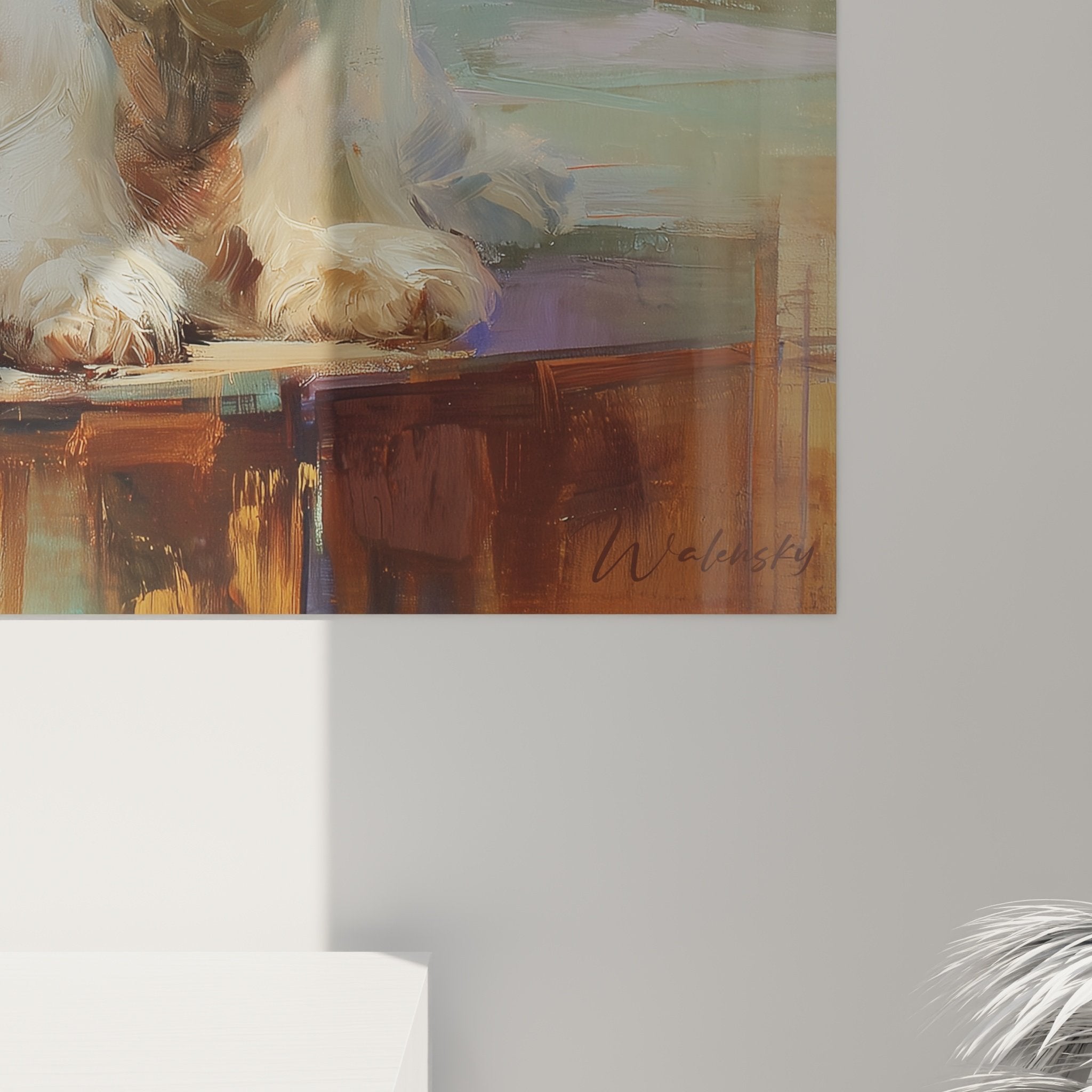 Vista d'insieme quadro Cocker Americano, ritratto cane seduto su sfondo colorato con tonalità turchese e ocra