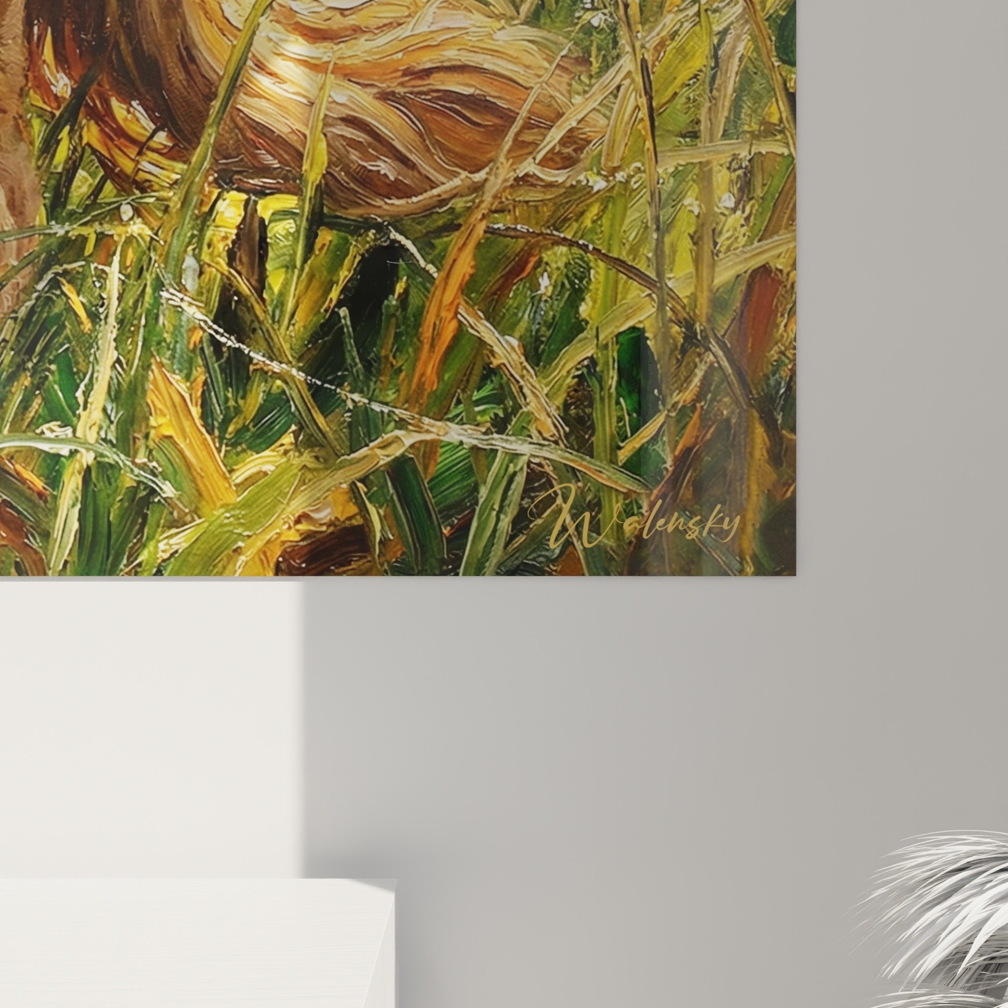 Vue ensemble tableau Cocker Anglais roux herbes hautes composition artistique tons dores cuivres