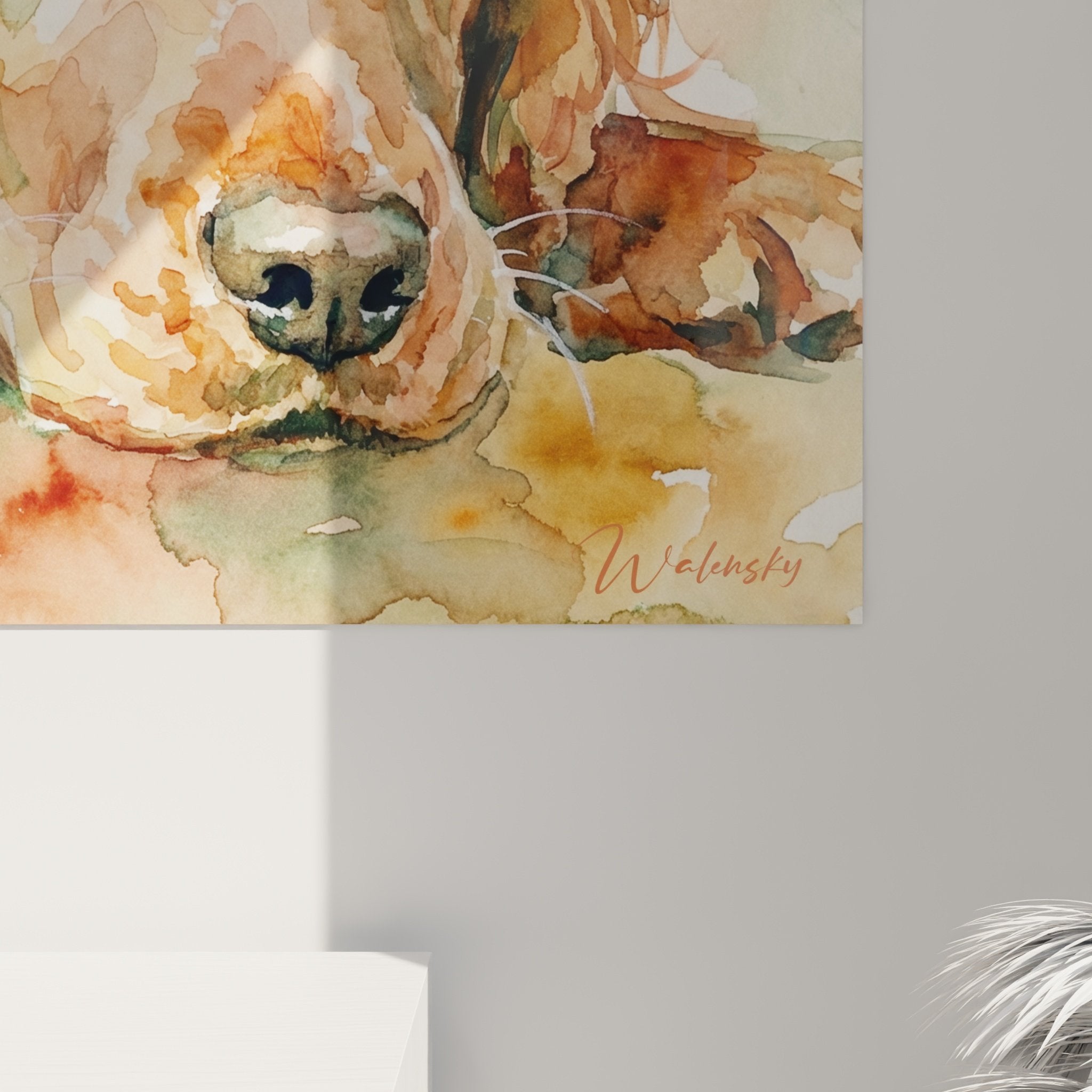 Vue ensemble tableau cocker aquarelle tons chauds decoration murale art contemporain animalier