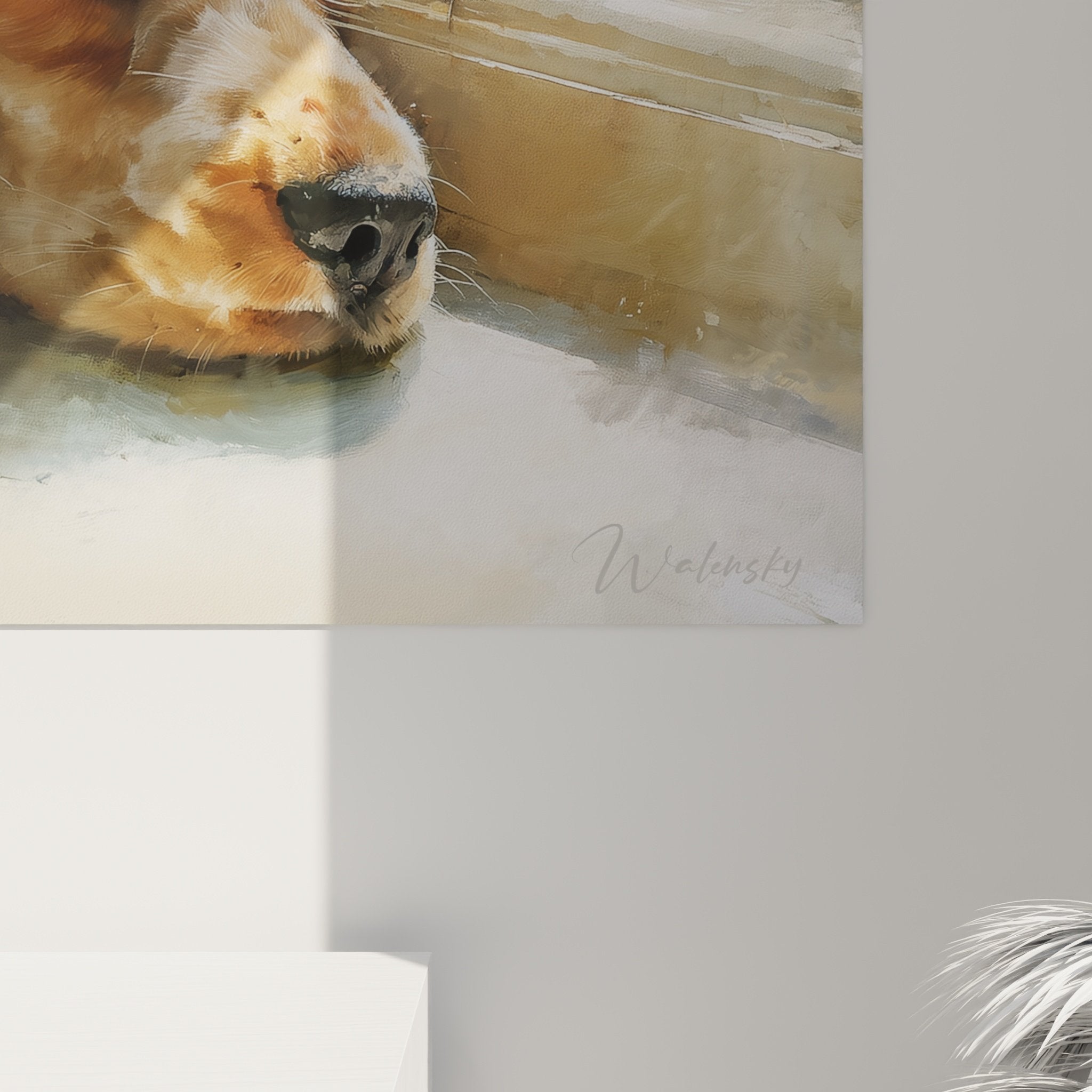 Vue ensemble tableau cocker repos fenetre style pictural lumineux tons naturels chaleureux