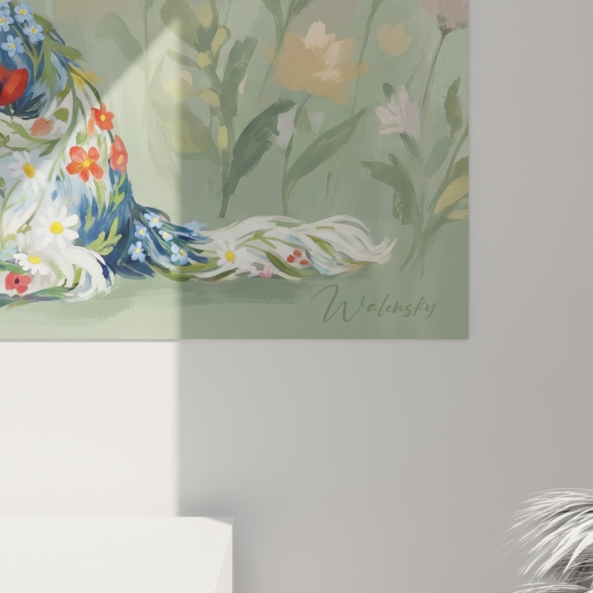 Vue ensemble tableau cocker anglais jardin fleurs sauvages decoration murale nature poetique