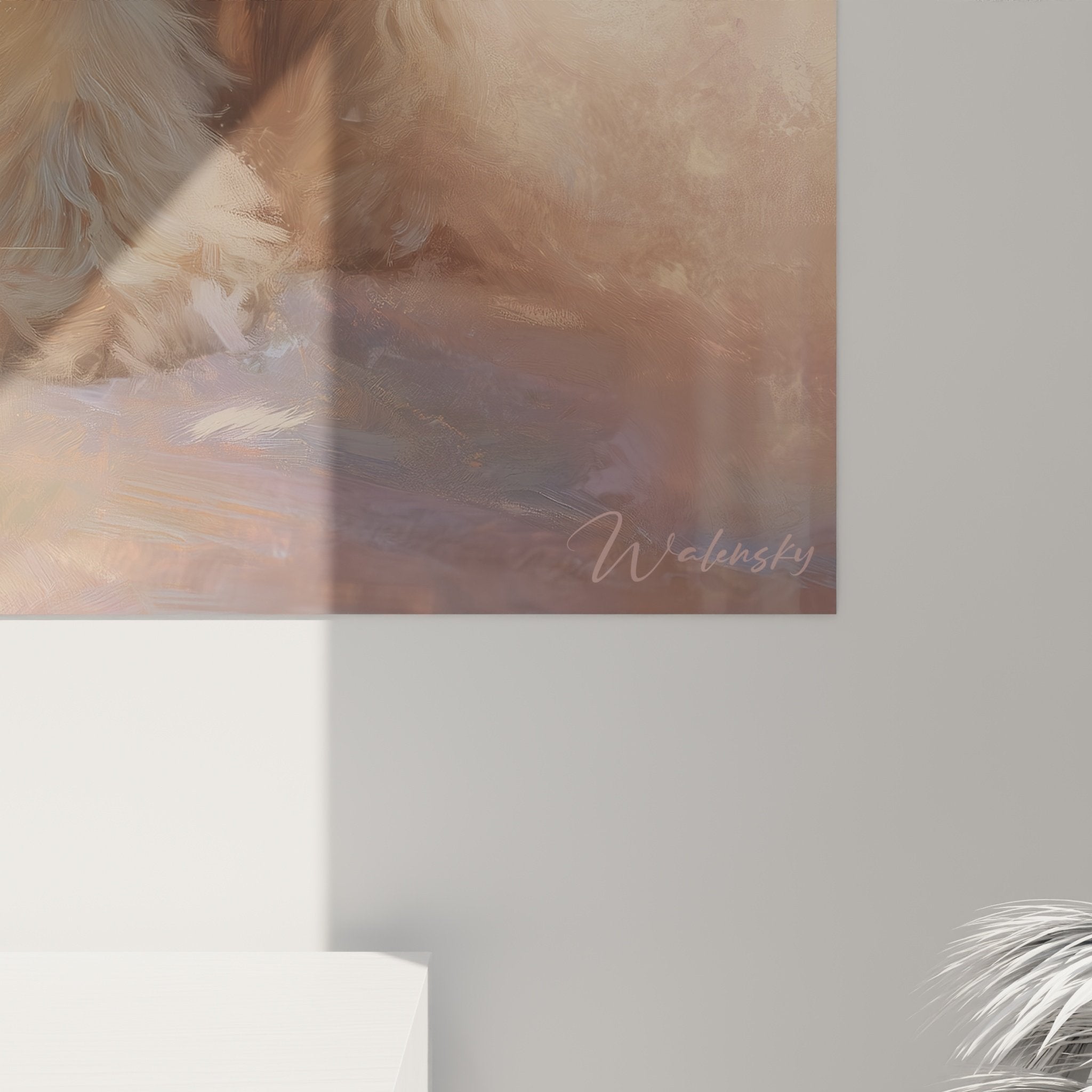 Vue ensemble tableau cocker lumineux décoration murale tons dorés ambiance romantique intérieur
