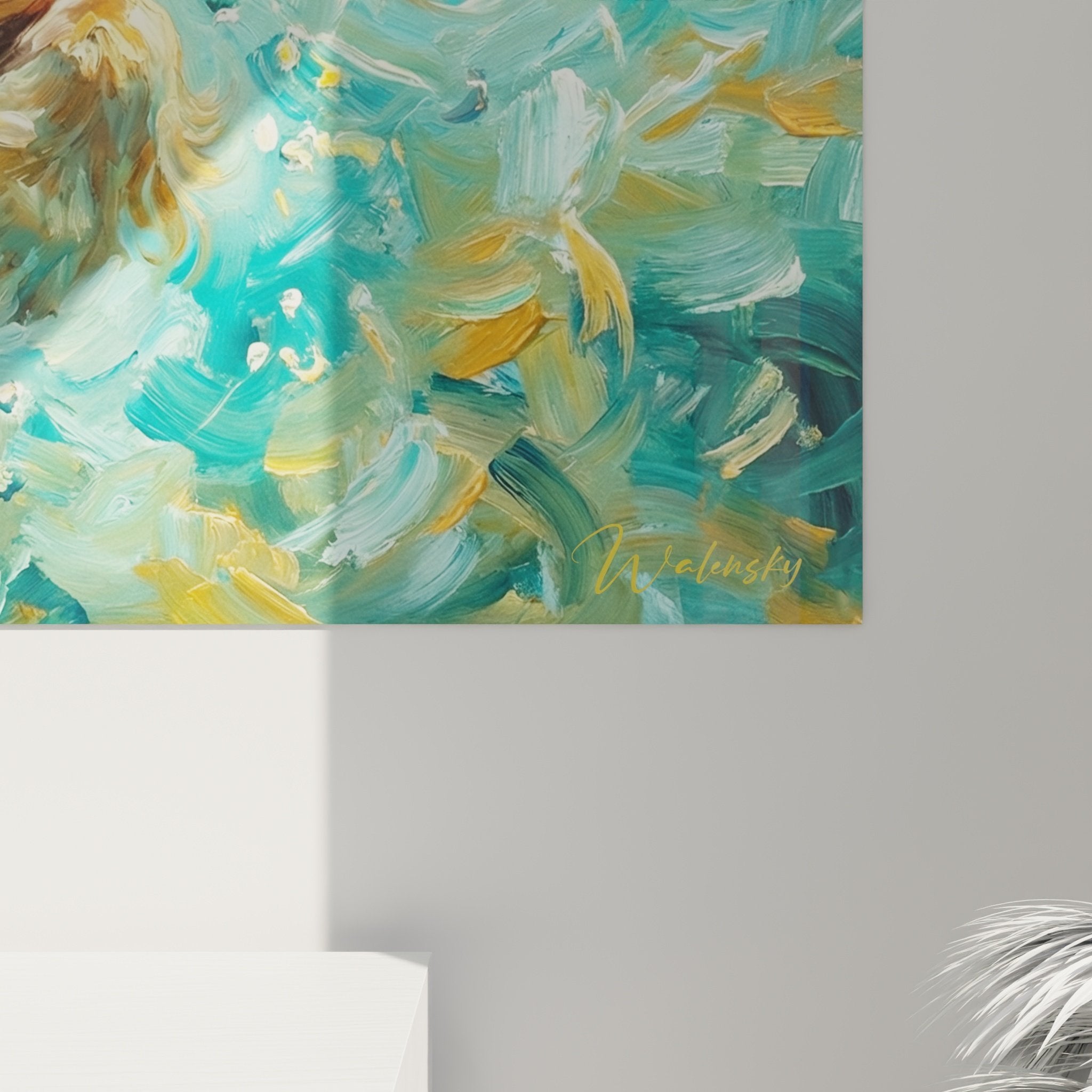 Vue ensemble tableau Cocker nageant - art mural aquatique tons bleus et or pour decoration interieure