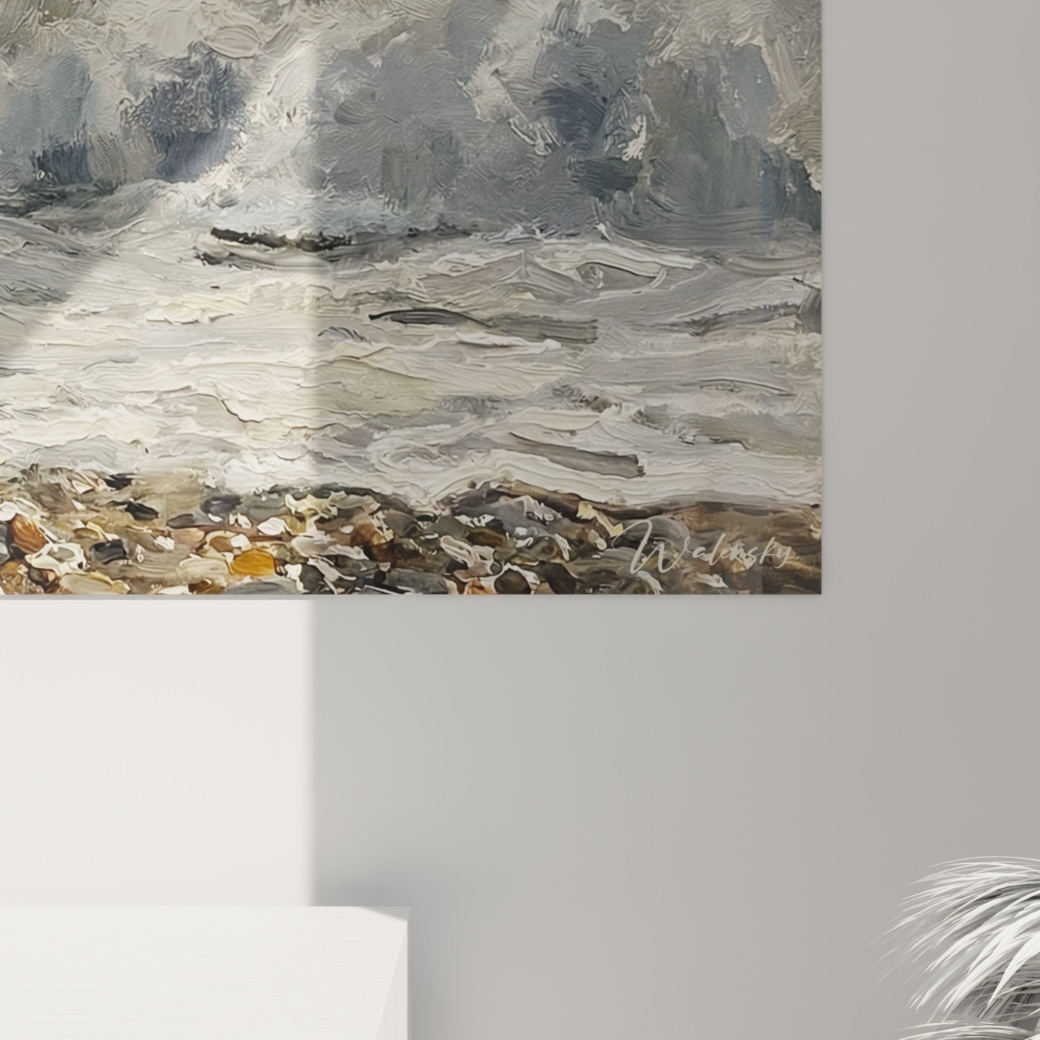 Vue ensemble tableau cocker rivage vagues decoration interieur mur blanc style marin panoramique