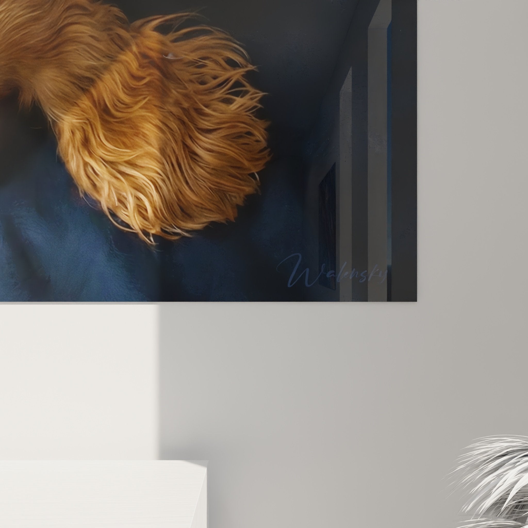 Vue d'ensemble tableau Cocker Anglais roux lové, contraste bleu marine et tons cuivrés, art mural déco