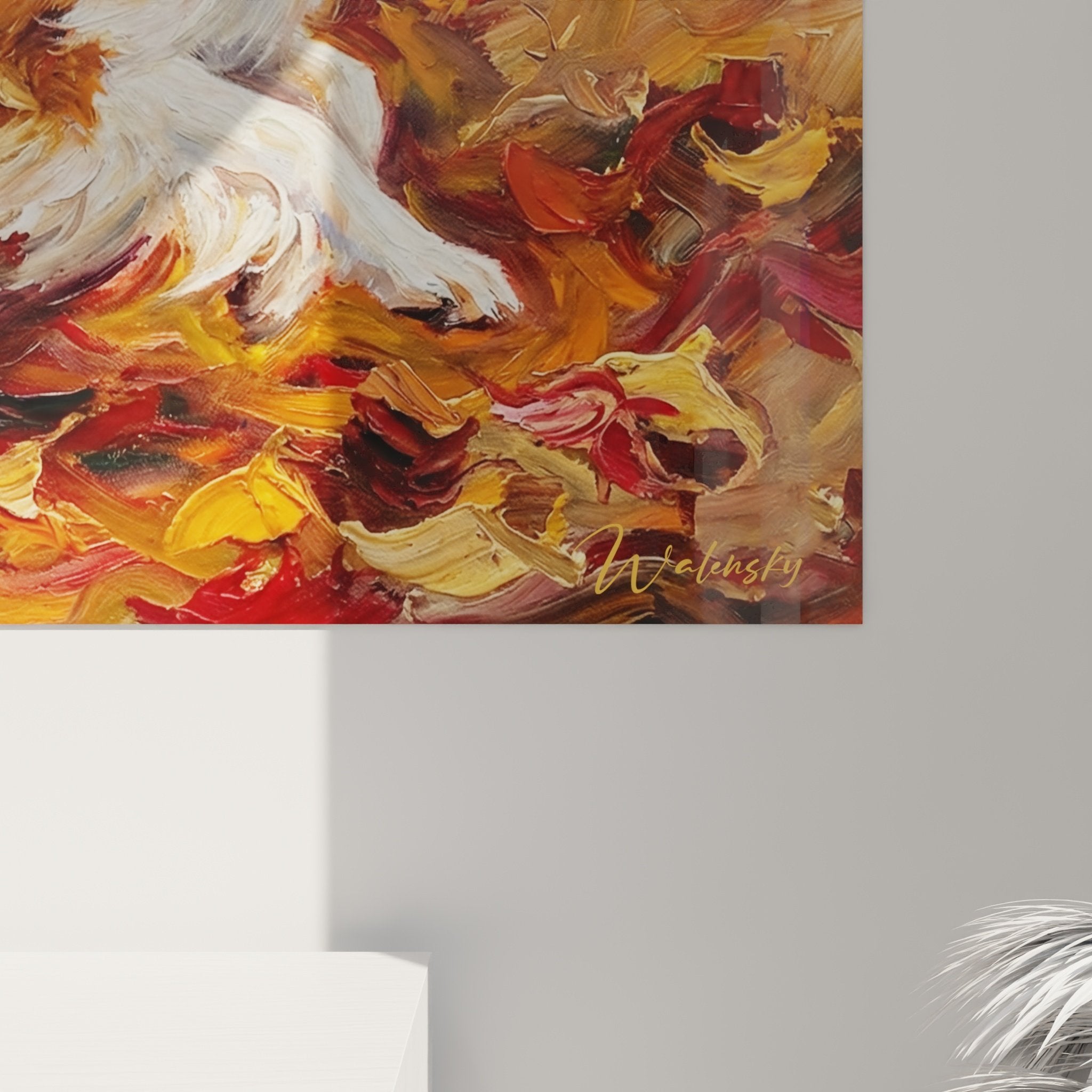 Vue ensemble tableau Collie feuilles automne decoration interieur tons ocre rouge