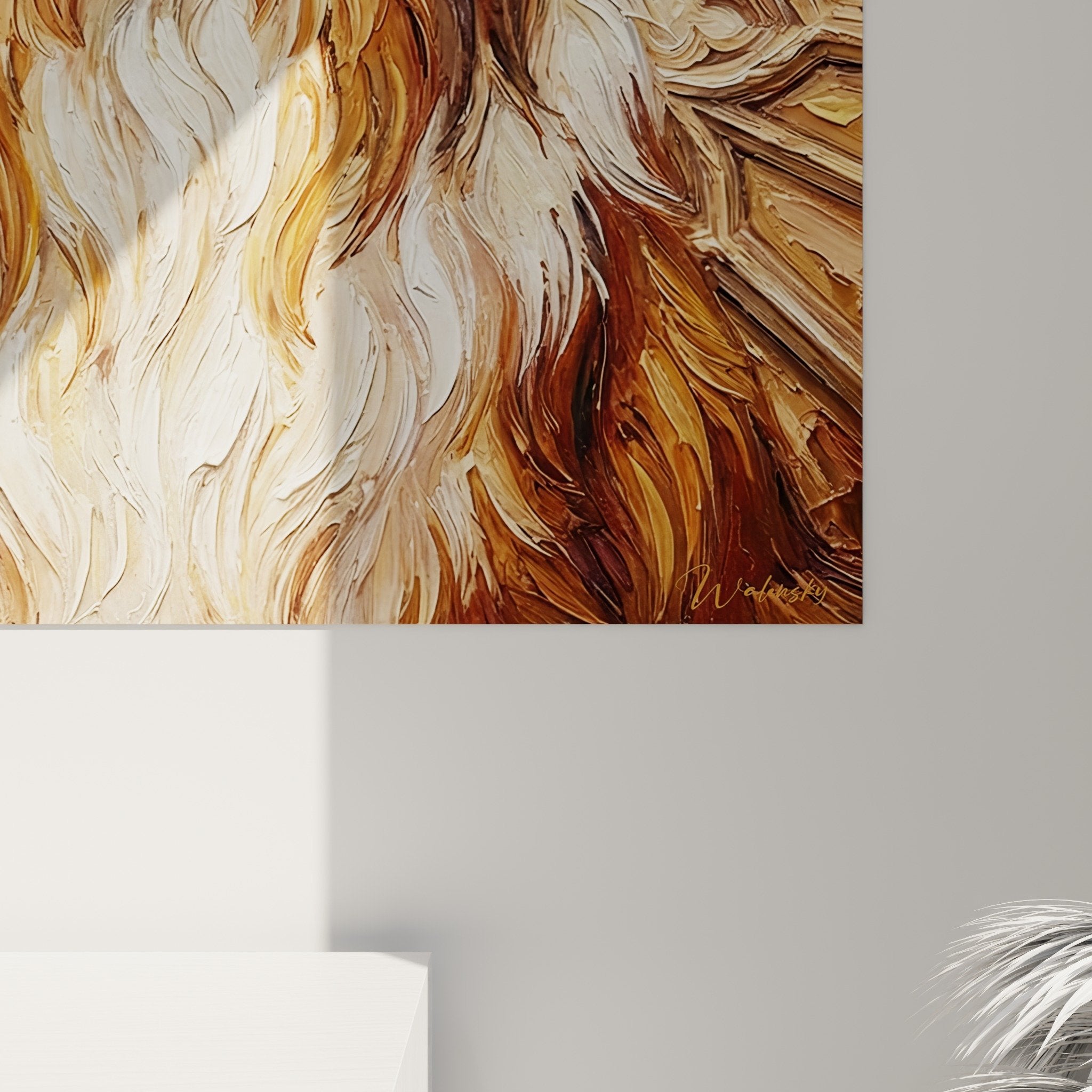 Vue ensemble tableau Collie baroque tons cuivrés intérieur raffiné