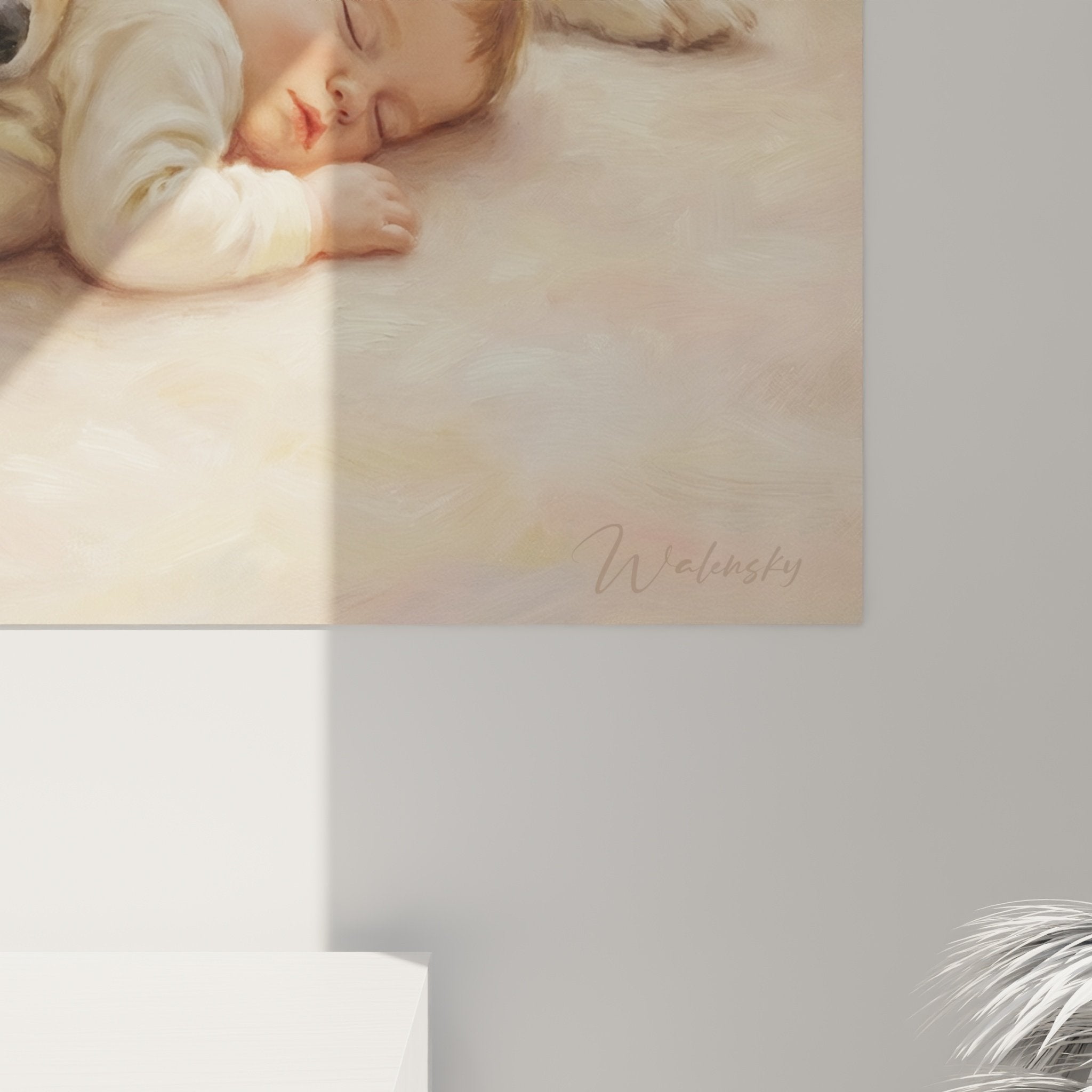 Vue d'ensemble tableau mural Collie protecteur et bébé dans intérieur chaleureux aux tons naturels
