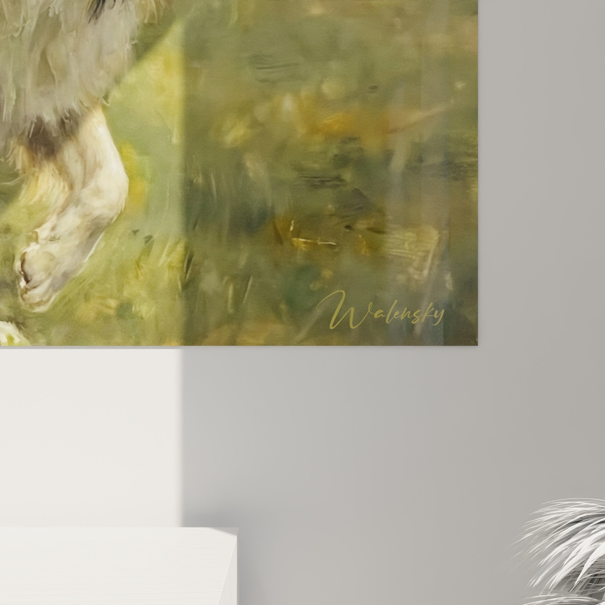 Vue ensemble tableau collie champs integration deco murale salon tons naturels champetre