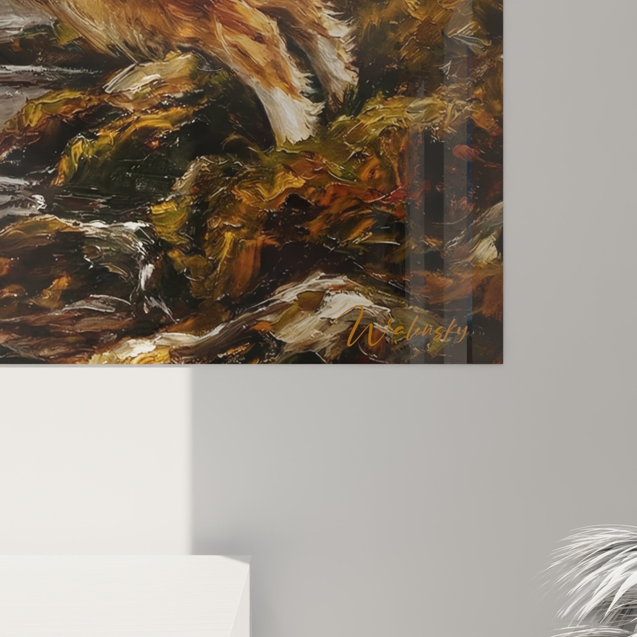 vue ensemble tableau collie en mouvement paysage rocheux cascade style animalier