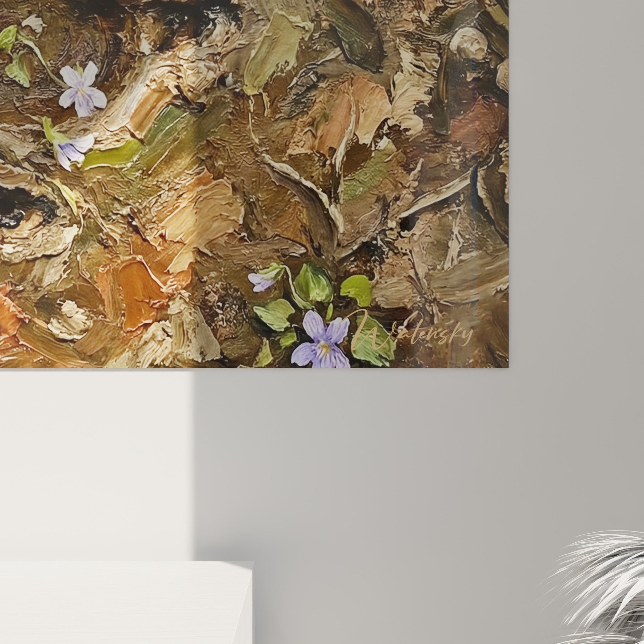 Panoramica quadro fiori viola autunno, composizione naturale con toni caldi e viola