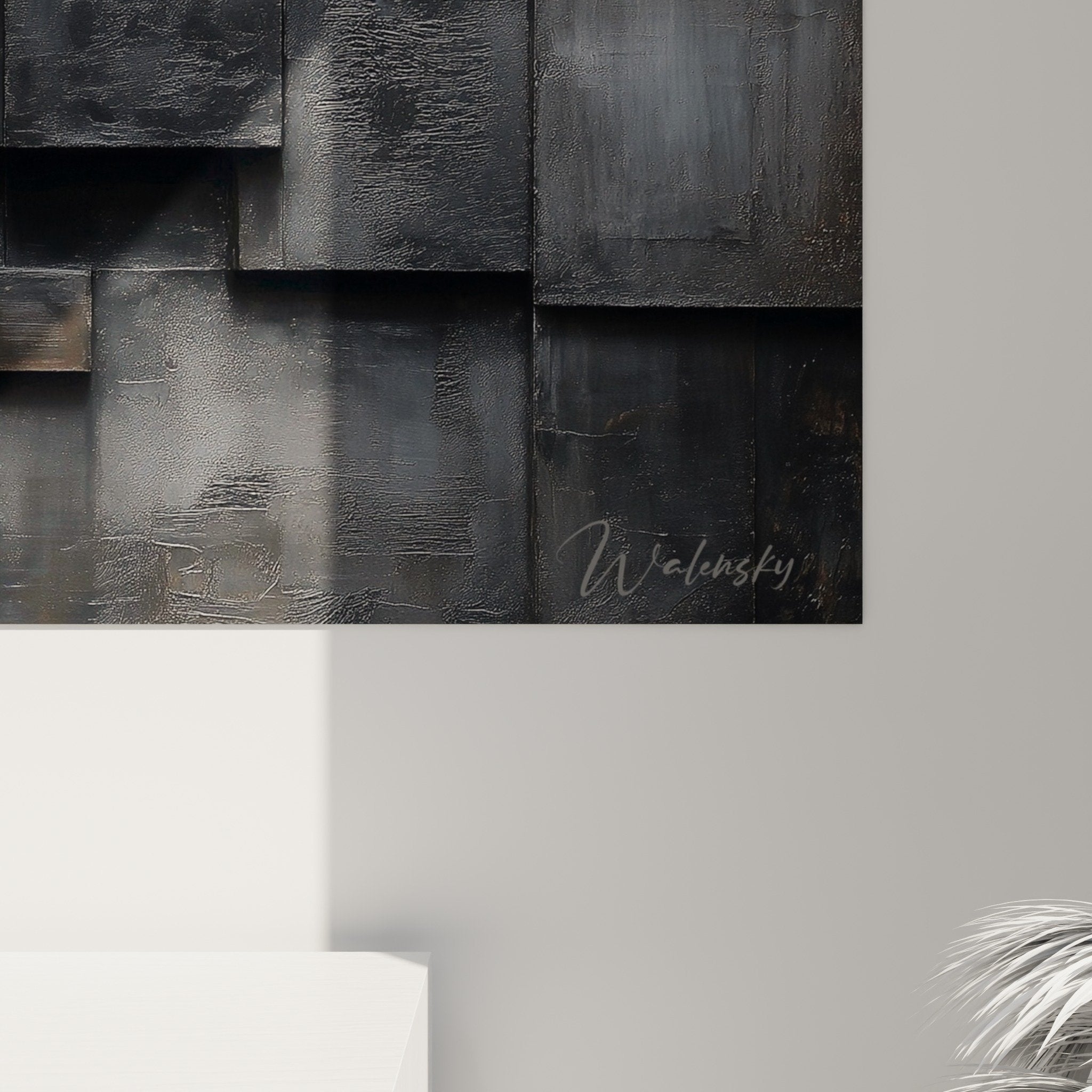 Vue ensemble tableau geometrique gris metallique composition abstraite relief feng shui nord ouest metal