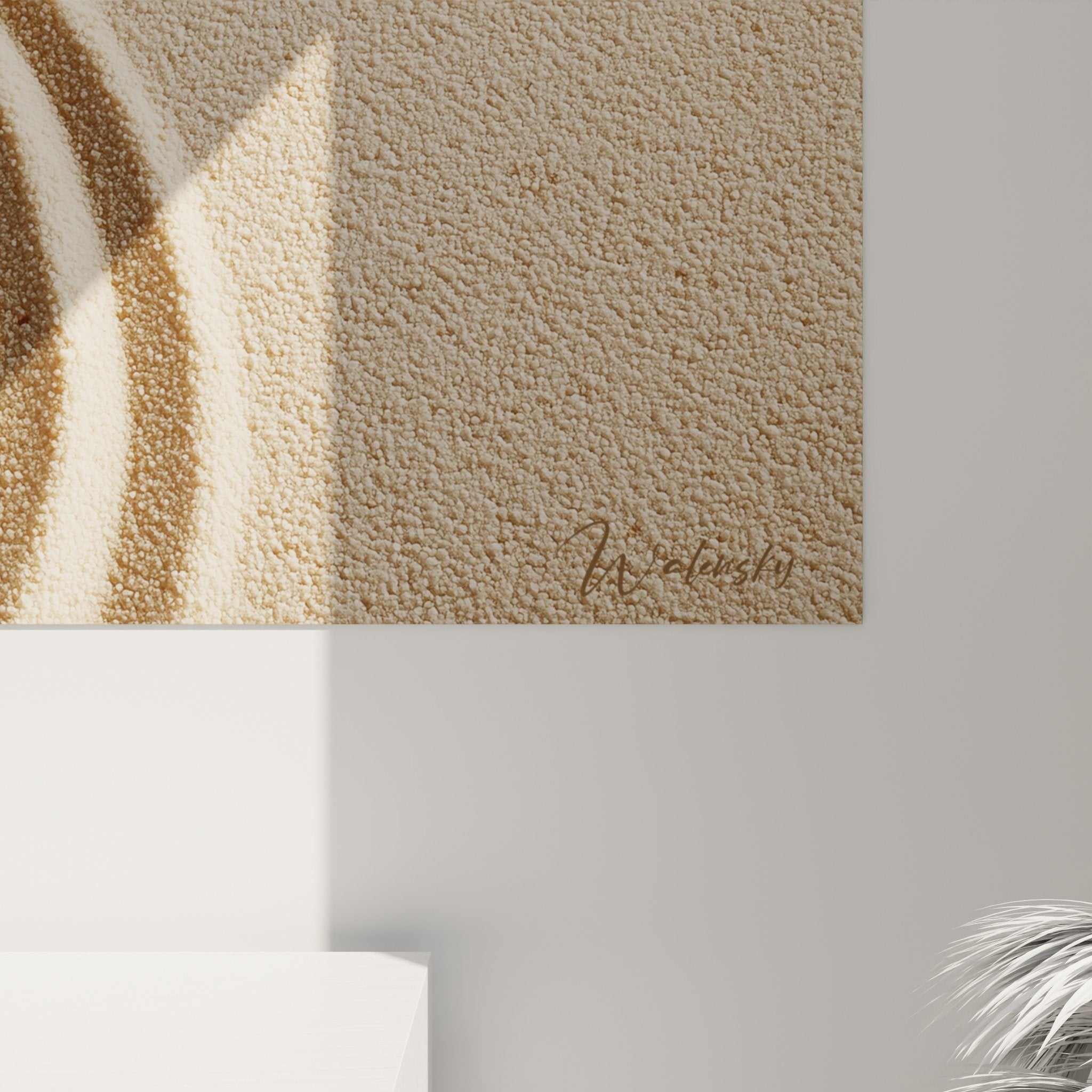 Vue ensemble tableau pierres zen sable ondulé - œuvre méditative harmonieuse tons naturels beige gris