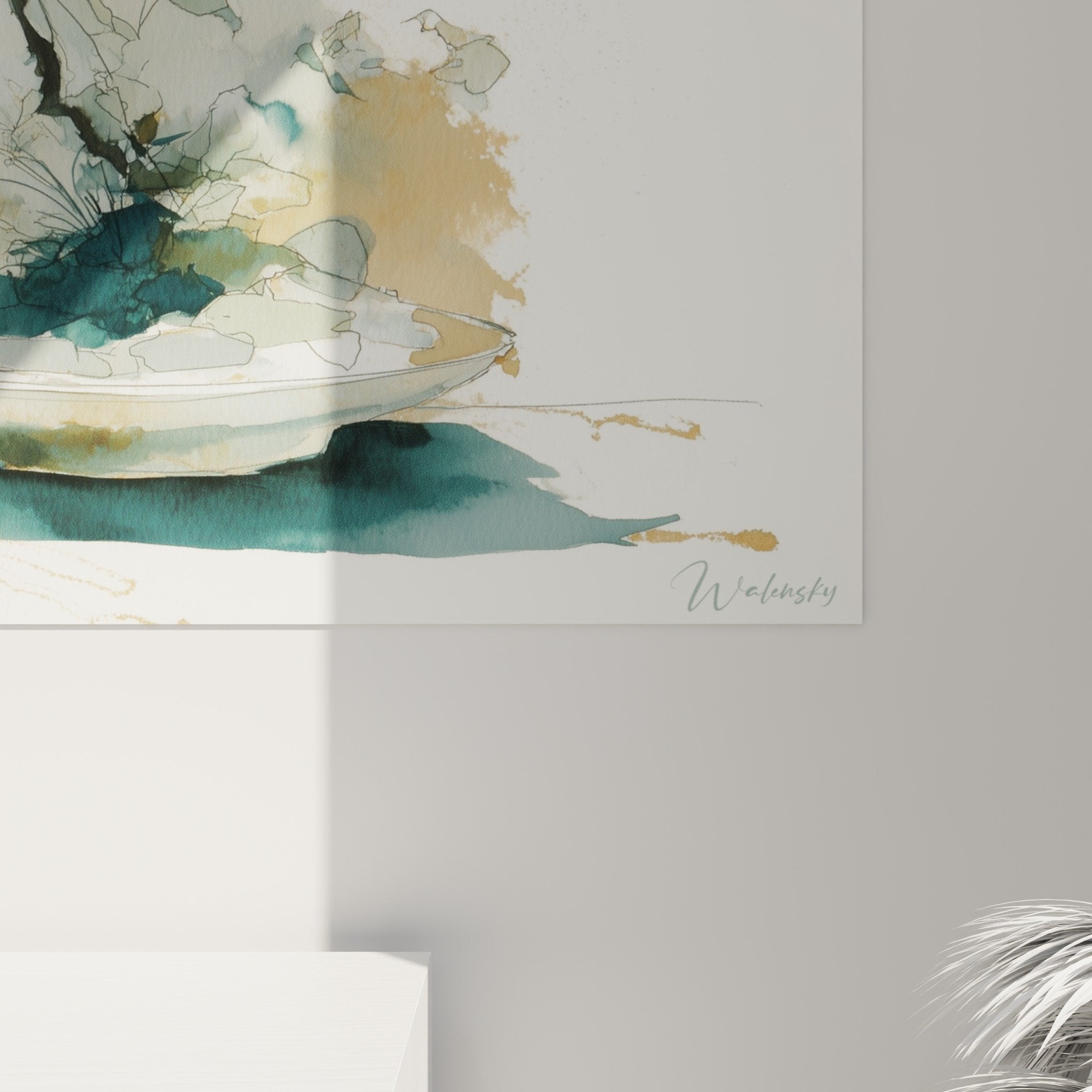 Vue ensemble tableau aquarelle composition vegetale ikebana plat ceramique eucalyptus decoration murale zen