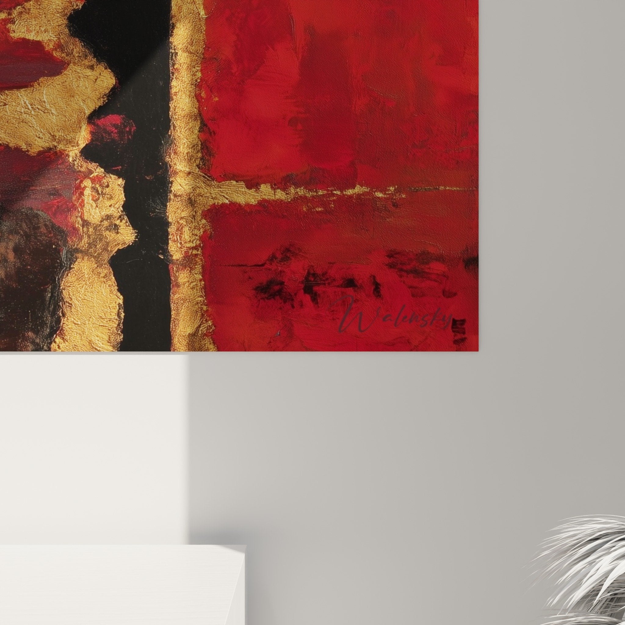 Gesamtansicht abstraktes Gemälde mit Kontrast rot schwarz gold Feng-Shui-Dekoration Süden Feuer