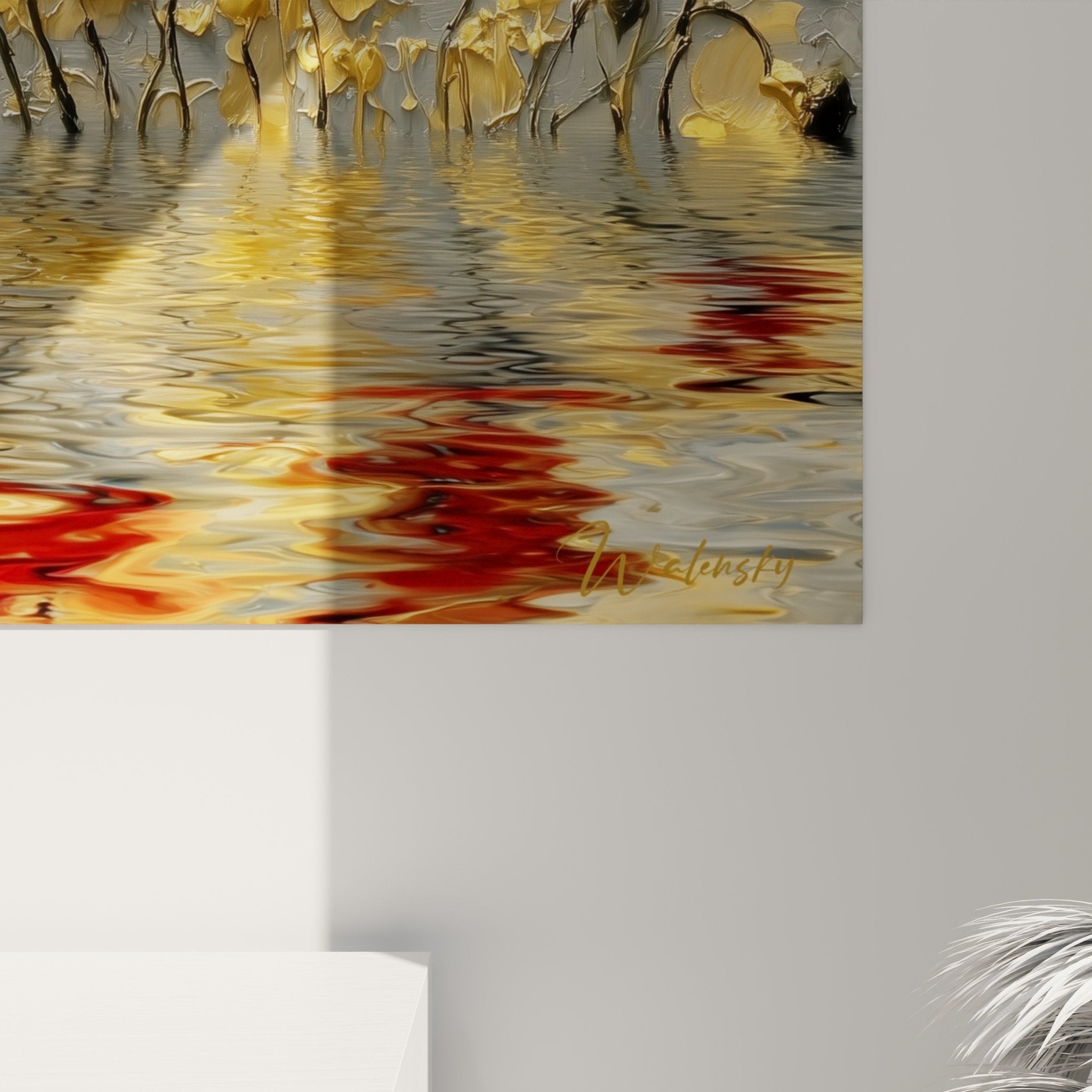 Vue ensemble tableau coquelicots jardin aquatique coucher soleil tons dores rouges decoration interieure