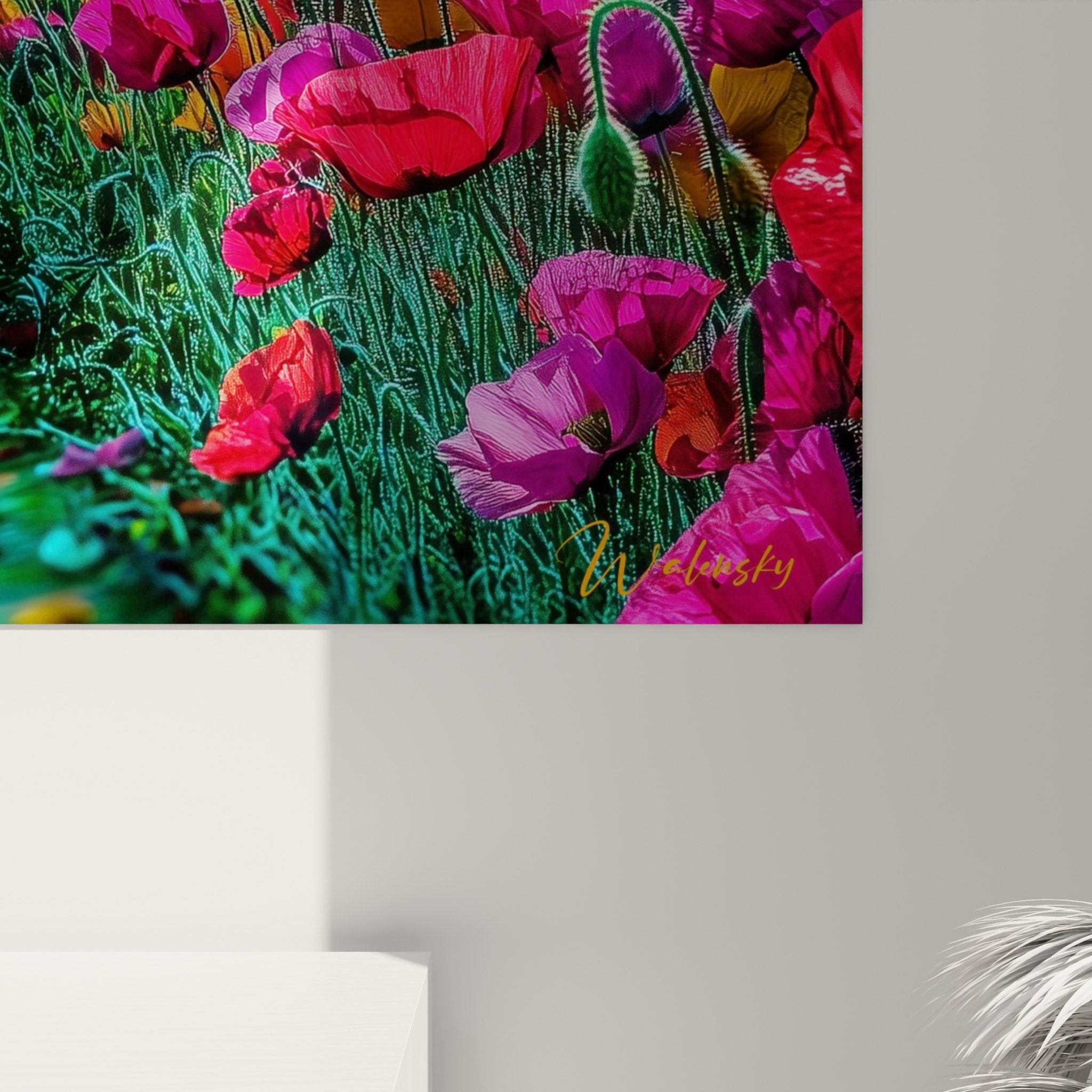 vista d'insieme quadro papaveri multicolori riflesso specchio turchese giardino fantastico decorazione