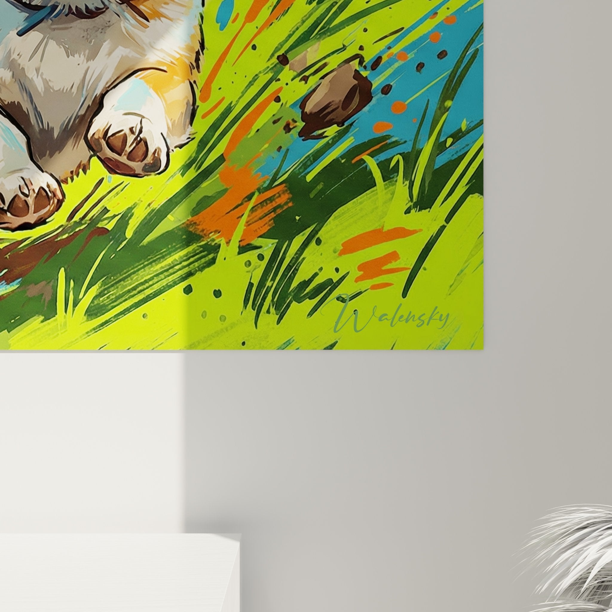 Gesamtansicht Corgi-Gemälde mit Bewegung, mehrfarbiger abstrakter Hintergrund, moderner Street-Art-Stil