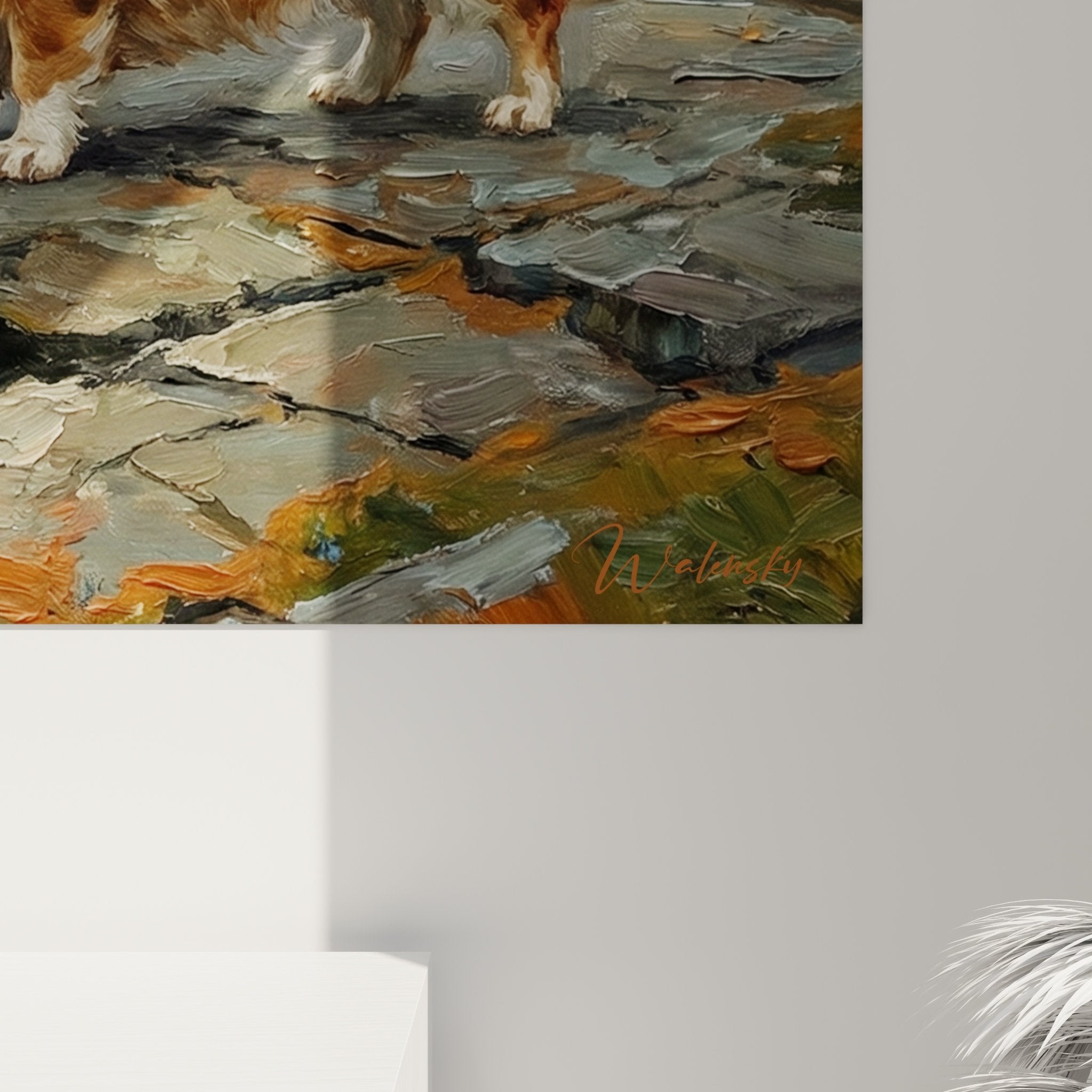 Gesamtansicht Corgi-Wandbild auf Meereskliff in moderner Inneneinrichtung Wanddekoration