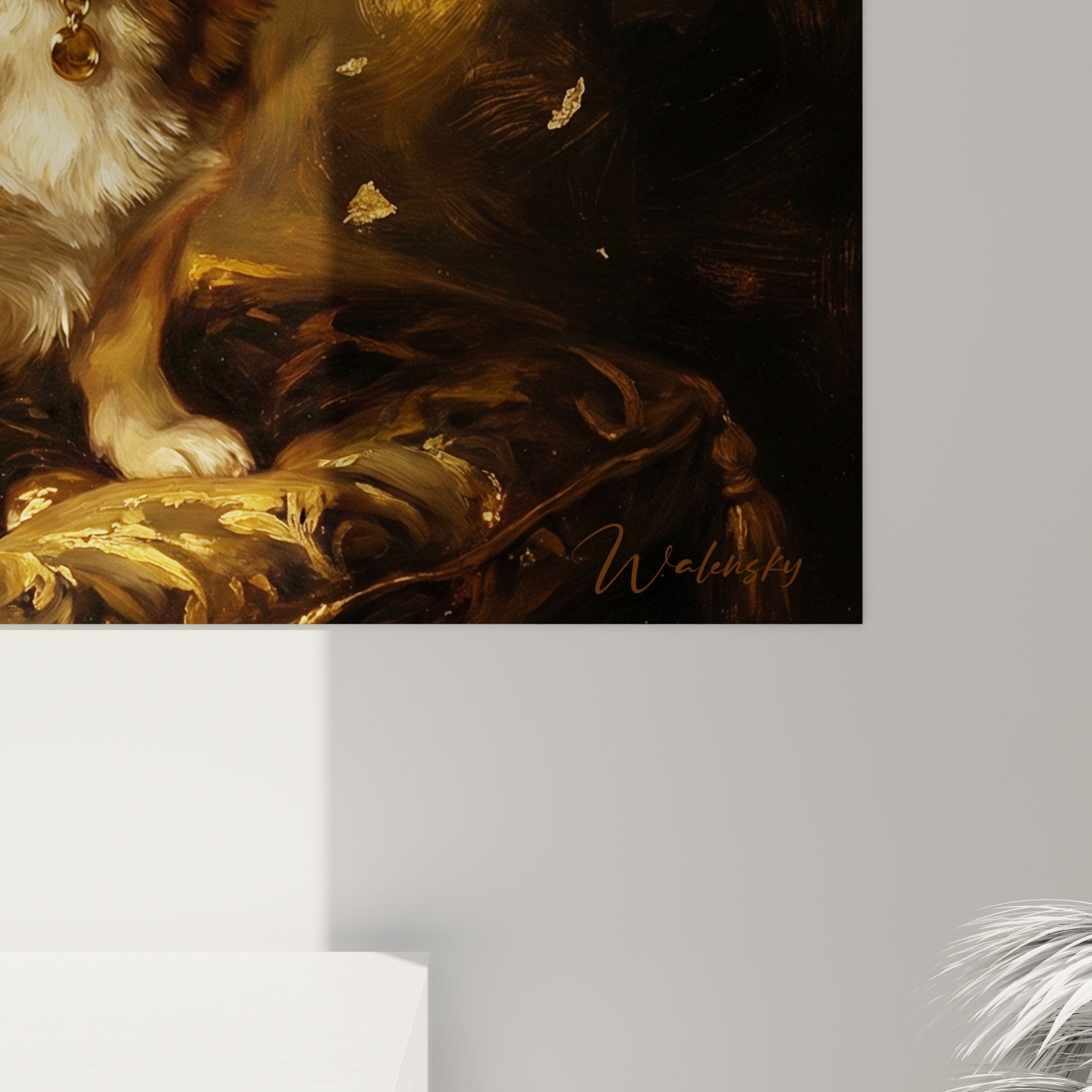 Gesamtansicht Corgi Pembroke Gemälde barockes Gold klassisches Wohnzimmer luxuriöse Wanddekoration warme Töne
