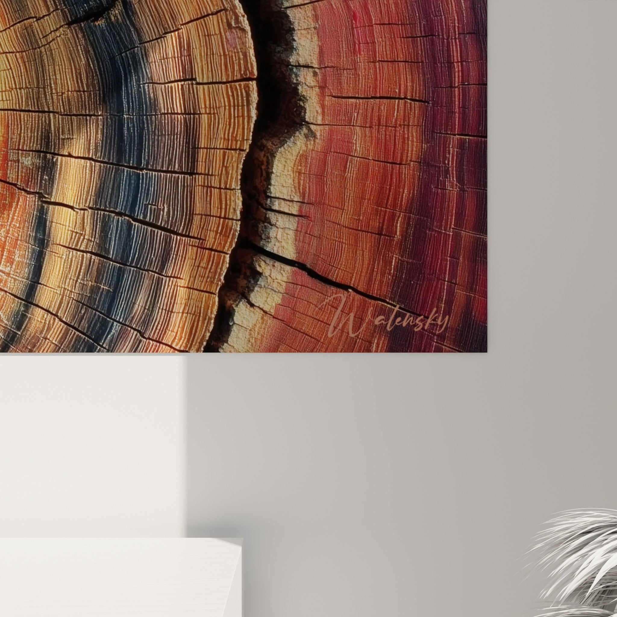 Gesamtansicht Schnittholz-Wandbild mit farbenfrohen Ringen orange blau Wanddeko Feng-Shui Holz Osten
