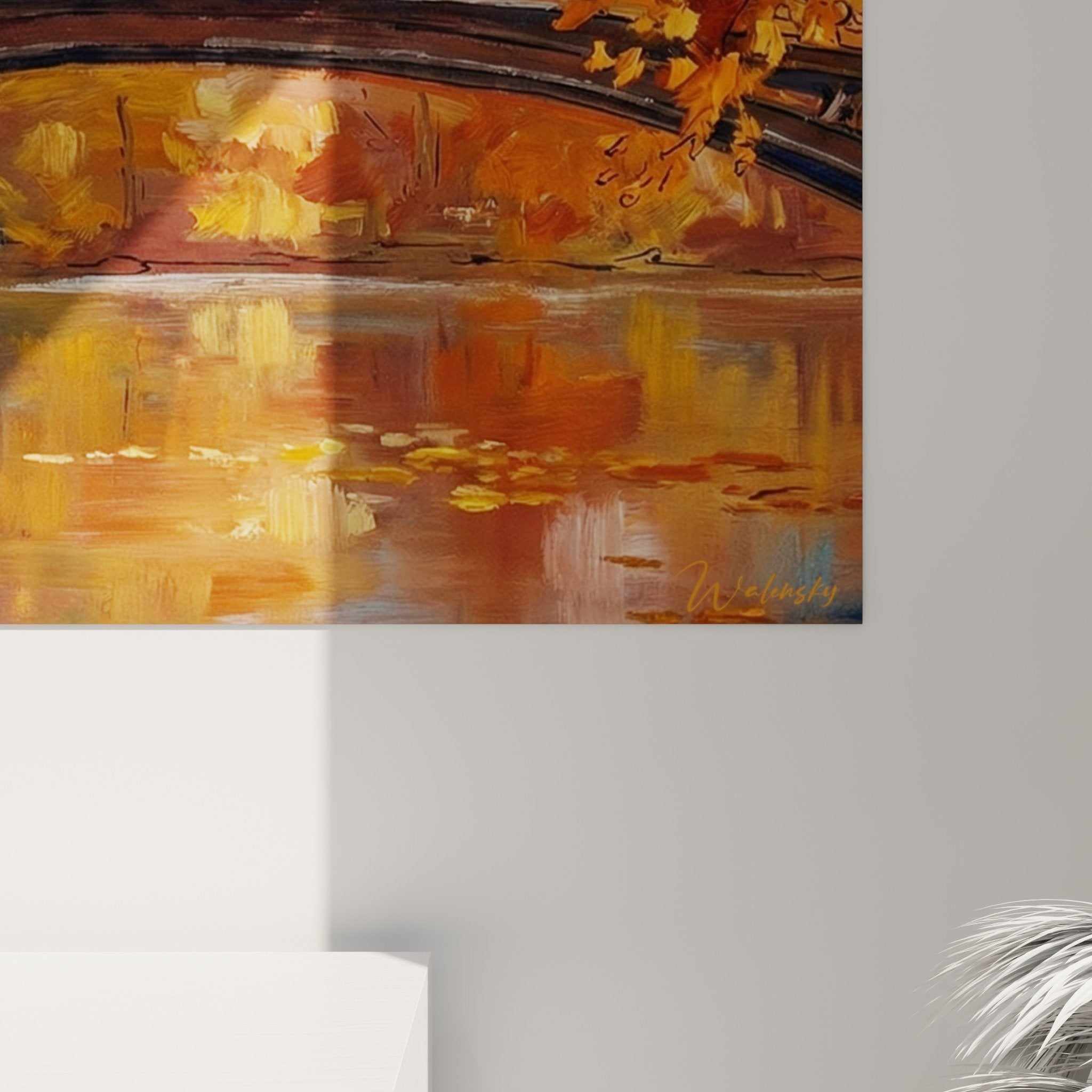 Vue ensemble tableau mural couple pont automne salon decoration interieure tons chauds Manhattan