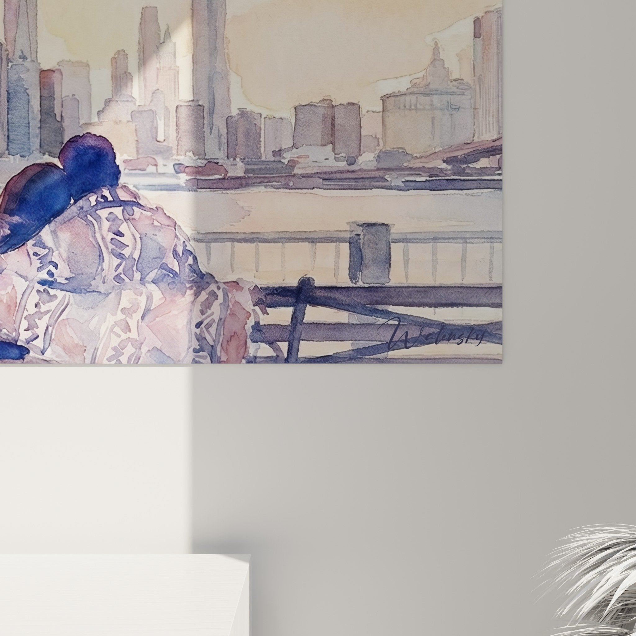 Vue ensemble tableau couple Brooklyn skyline coucher soleil aquarelle decoration interieure moderne