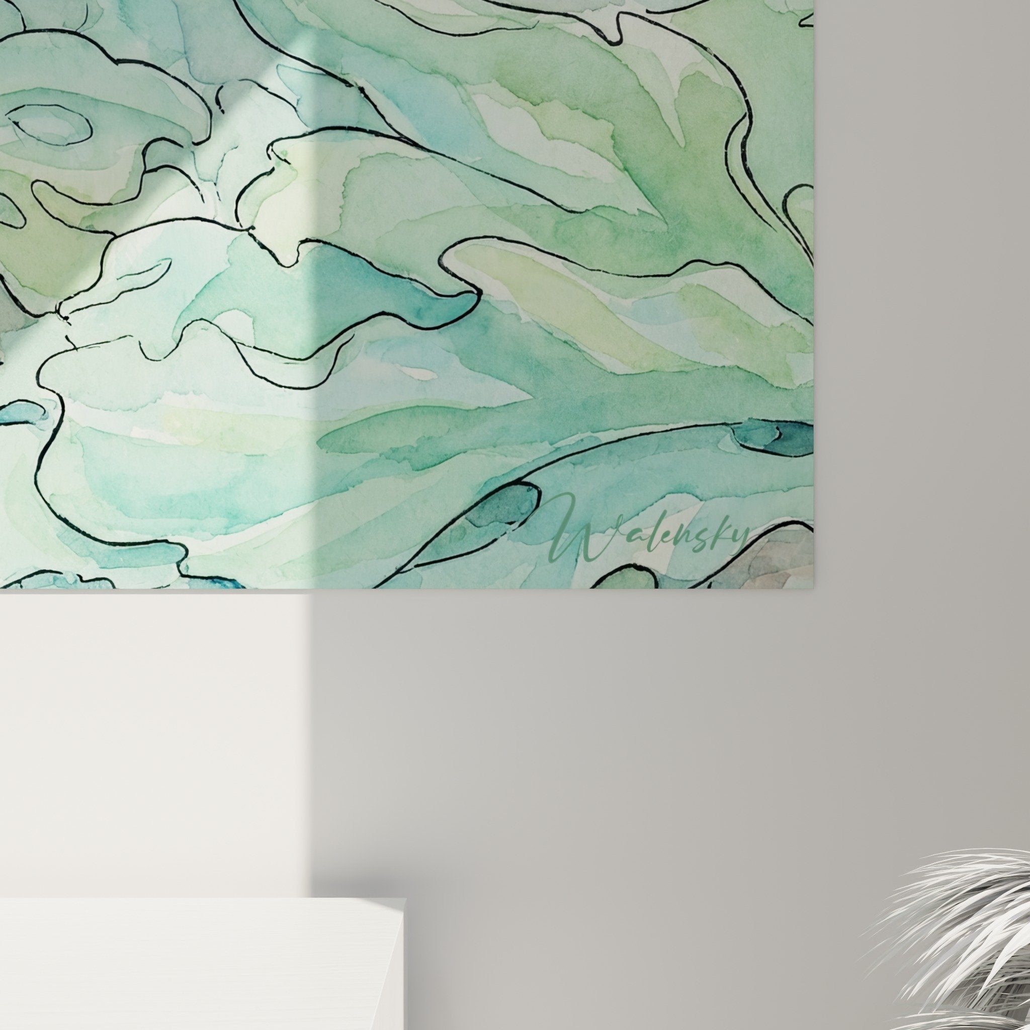 Gesamtansicht Wandbild Krebs Aquarell grüne blaue Wellen ozeanische Kunst moderne Innenausstattung