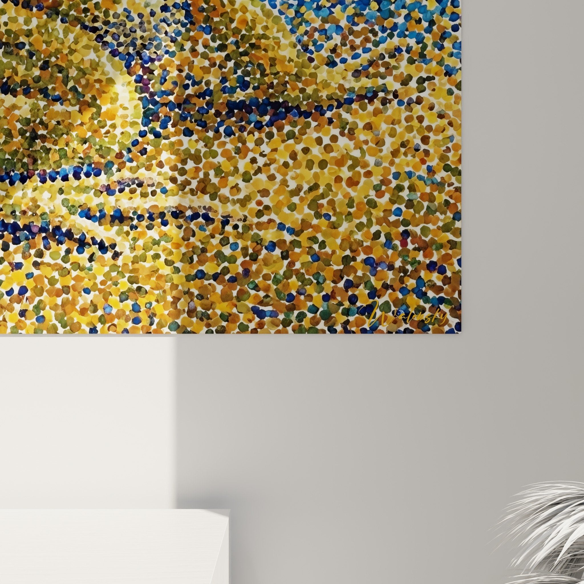 Overall view toad mosaic painting golden orange blue wall decoration animal art