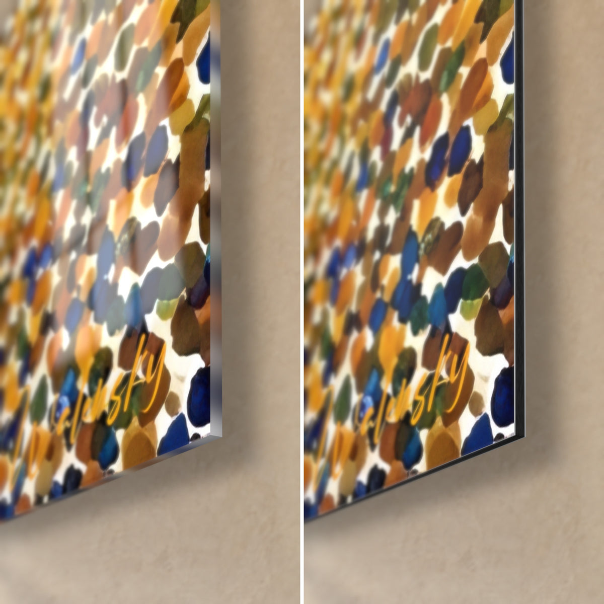 Quadro rospo in punti dorati e blu, angolo in basso a destra: vetro acrilico lucido a sinistra, Dibond alluminio opaco a destra, spessore 3 mm