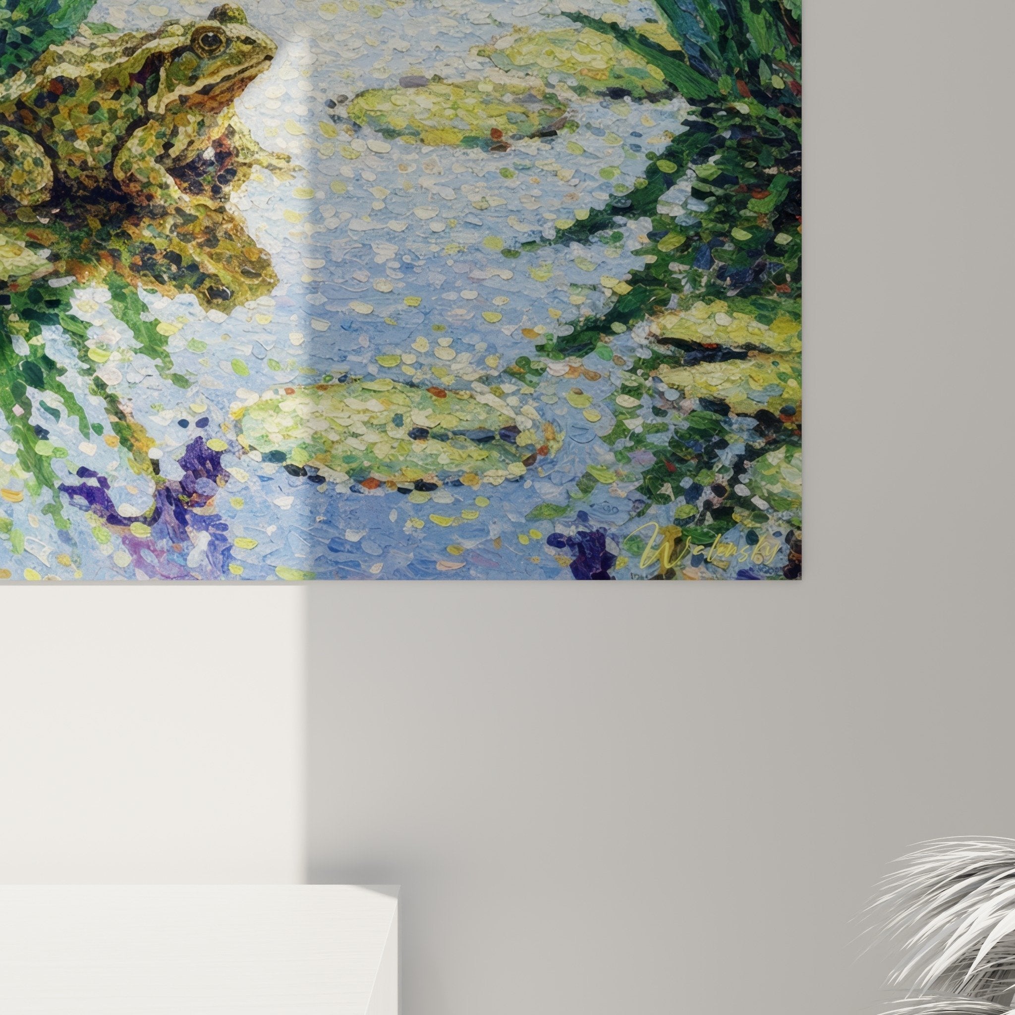 Full view toad pond painting purple irises aquatic composition pointillist style wall art nature decor