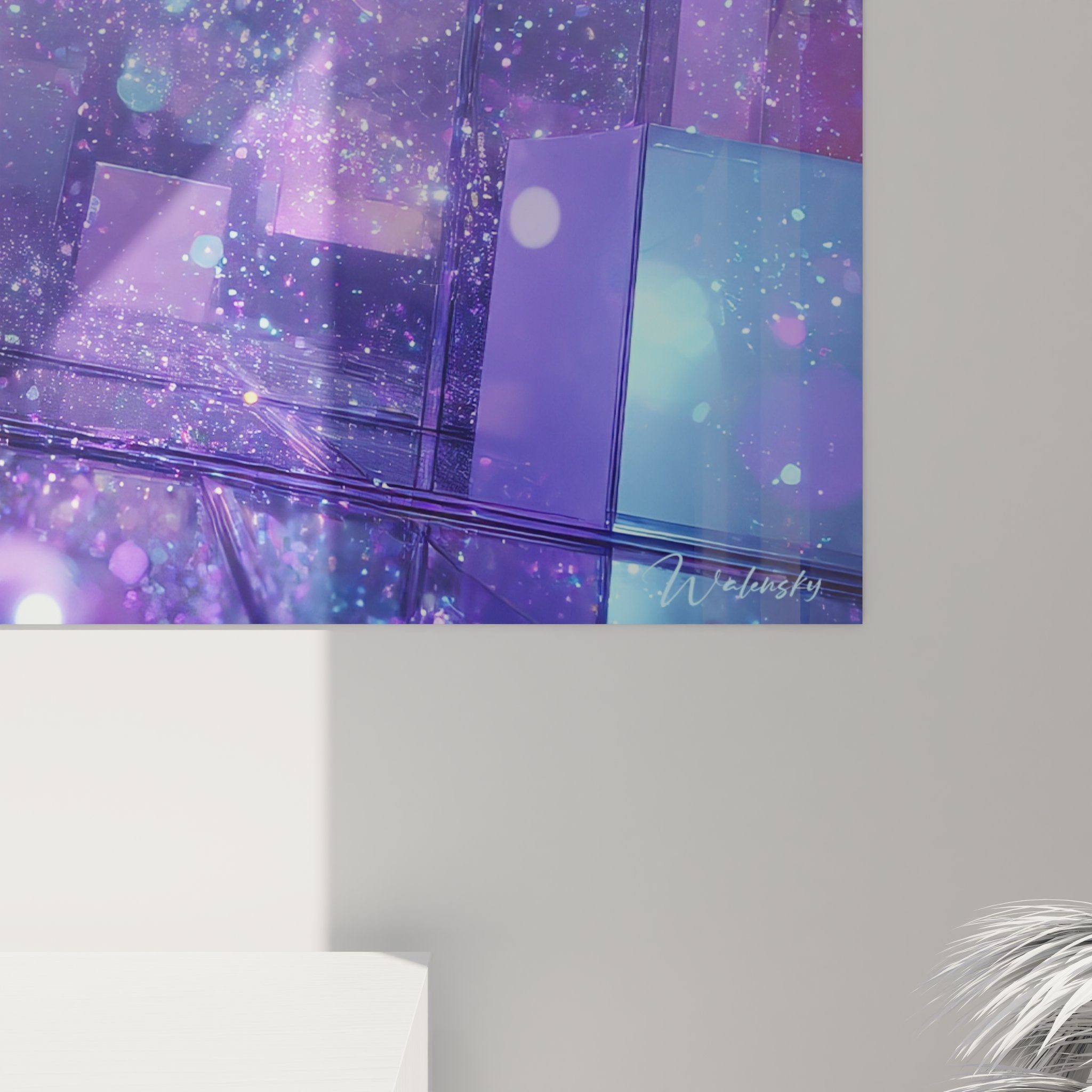 Vue ensemble tableau mural cubes cristallins espace cosmique violet décoration art futurisme abstrait