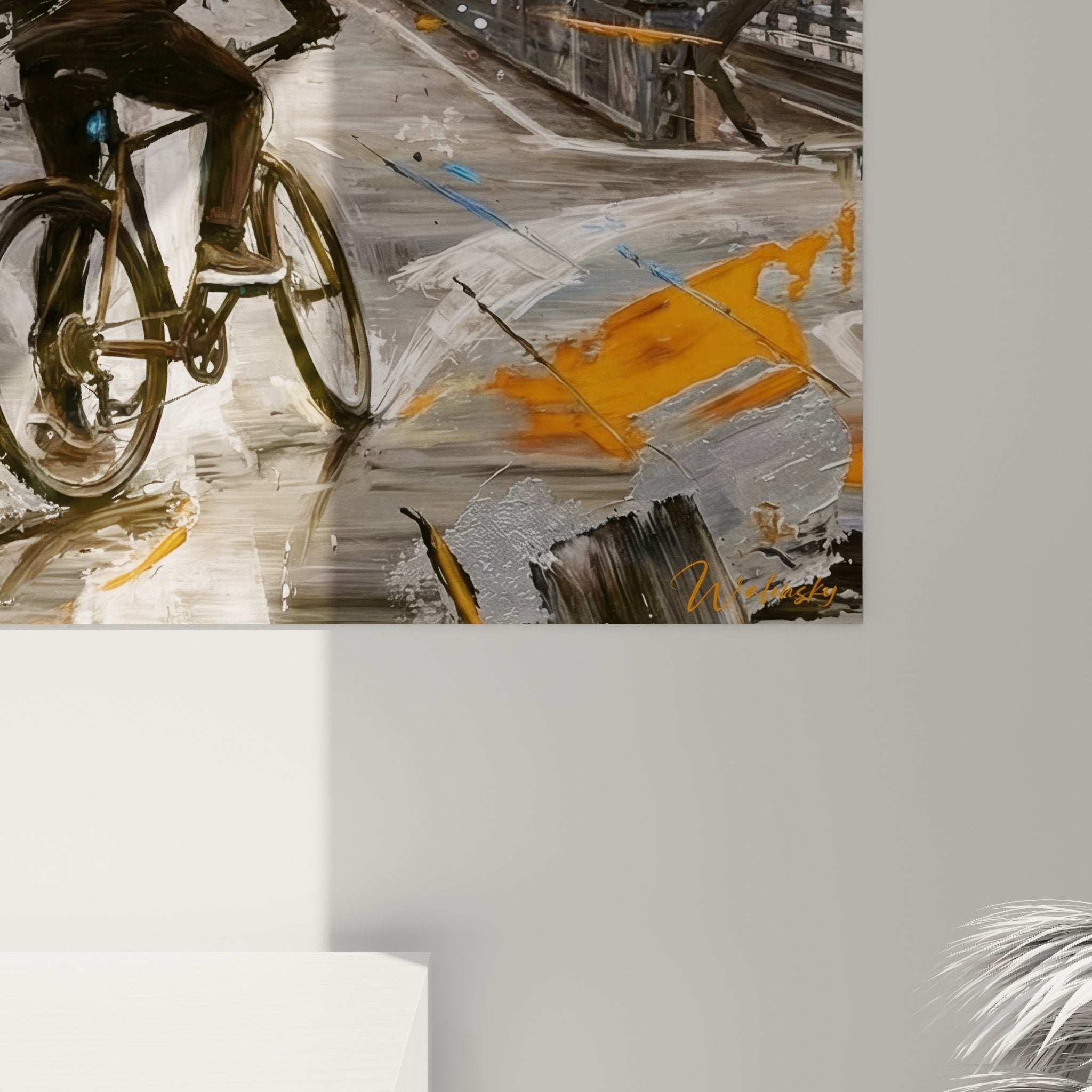 Full view cyclist painting Brooklyn bridge wall art contemporary urban decoration