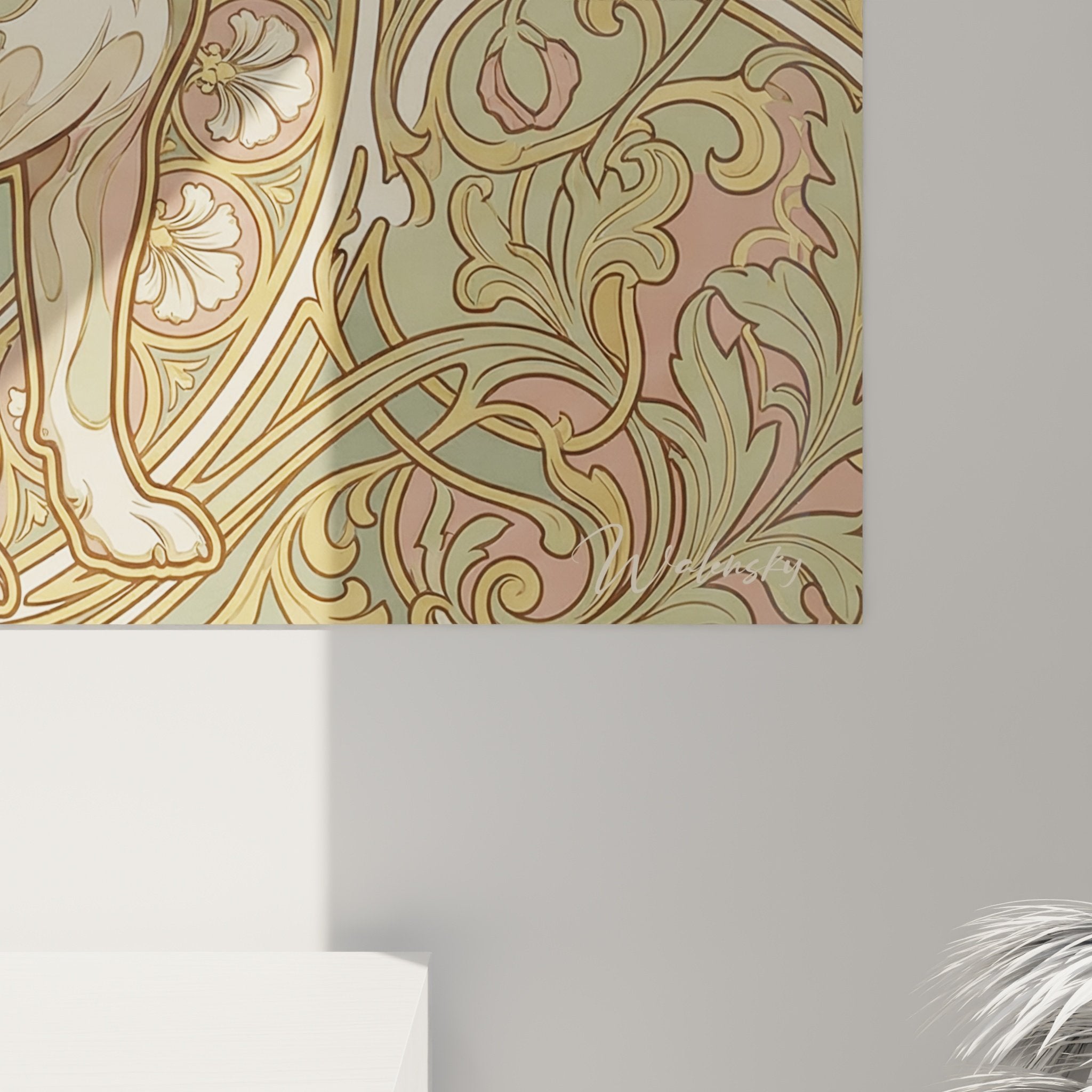 Overall view of Art Nouveau dog painting with ornamental plant motifs decorative composition pink beige tones
