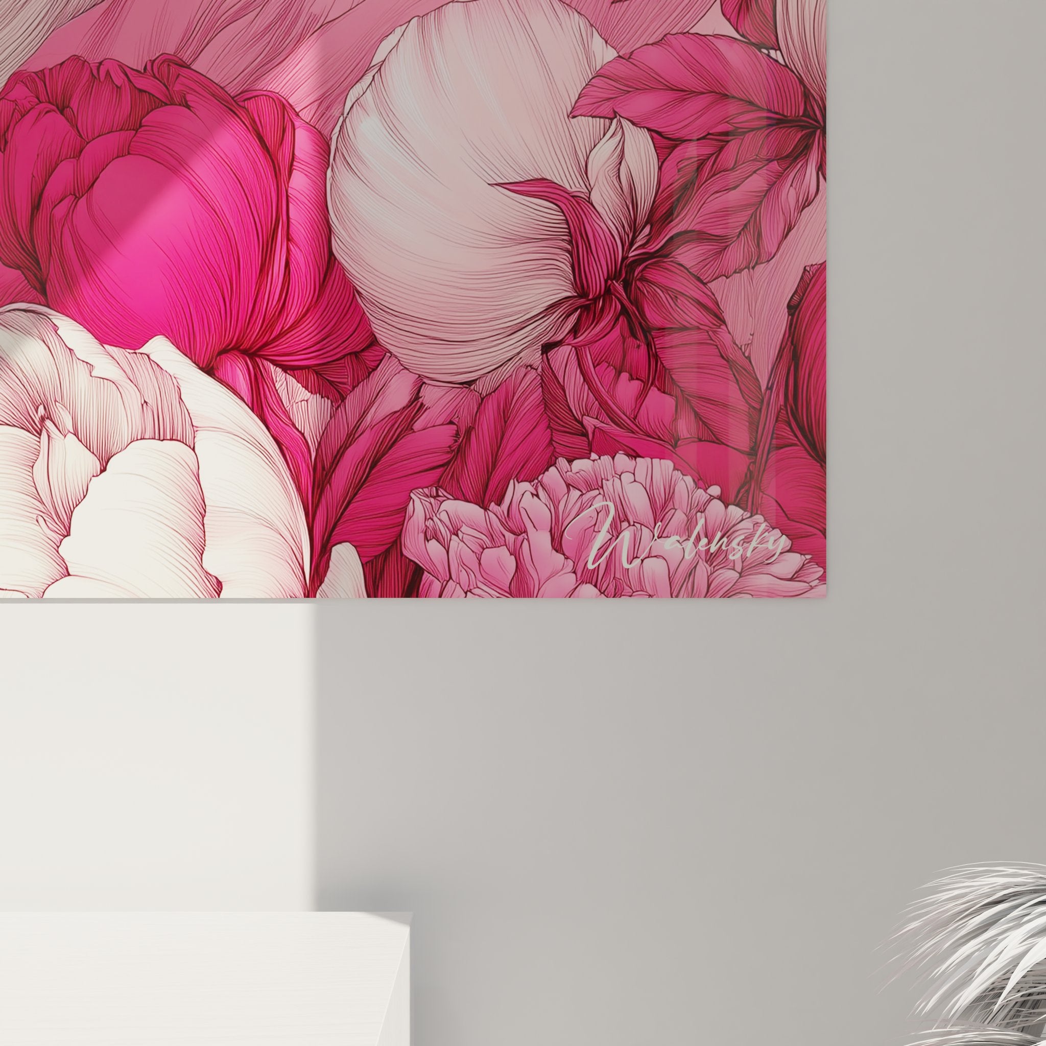 Vue ensemble tableau décoratif montagne rose, œuvre d'art mural paysage floral