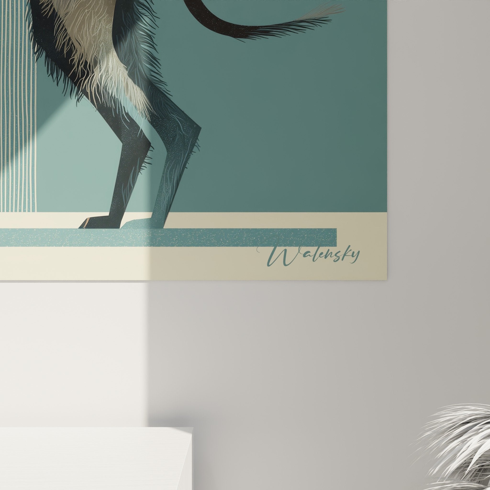 Gesamtansicht Gemälde Deerhound-Porträt geometrisch blau beige zeitgenössische Inneneinrichtung Windhund