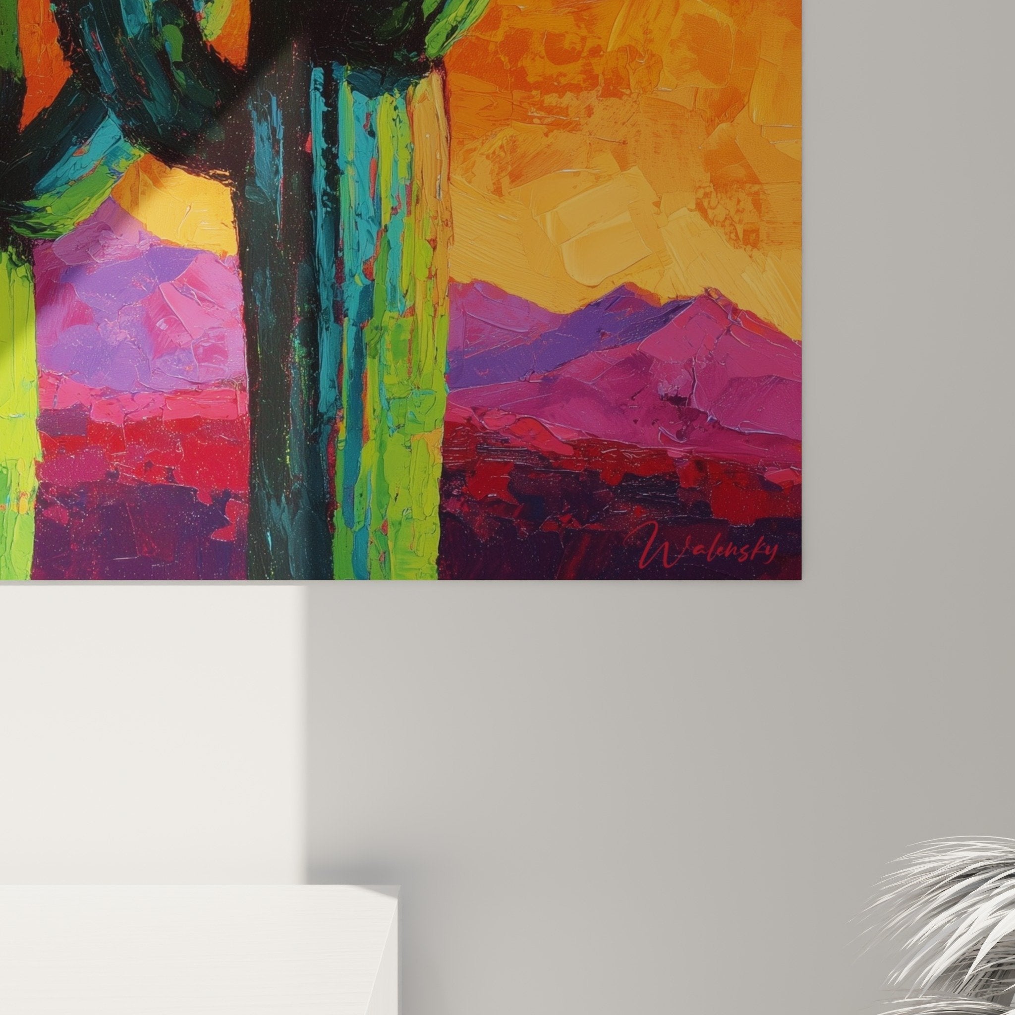 vue ensemble tableau cactus saguaros multicolores paysage désert flamboyant tons chauds déco murale