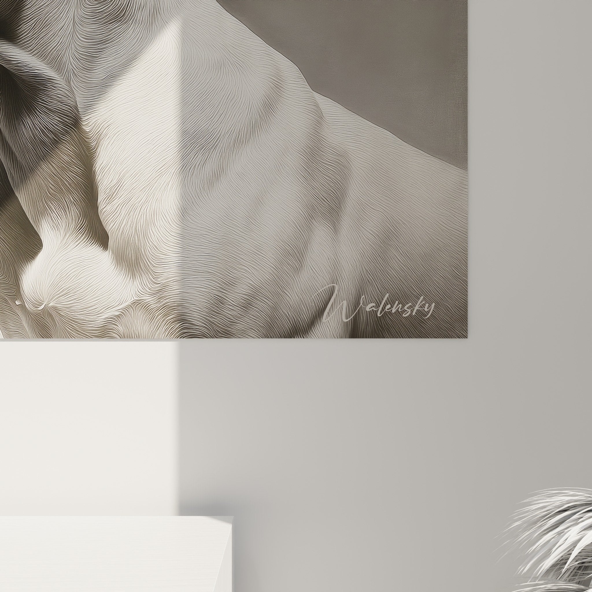Vue ensemble tableau dogue argentin noir blanc decoration interieure mur neutral