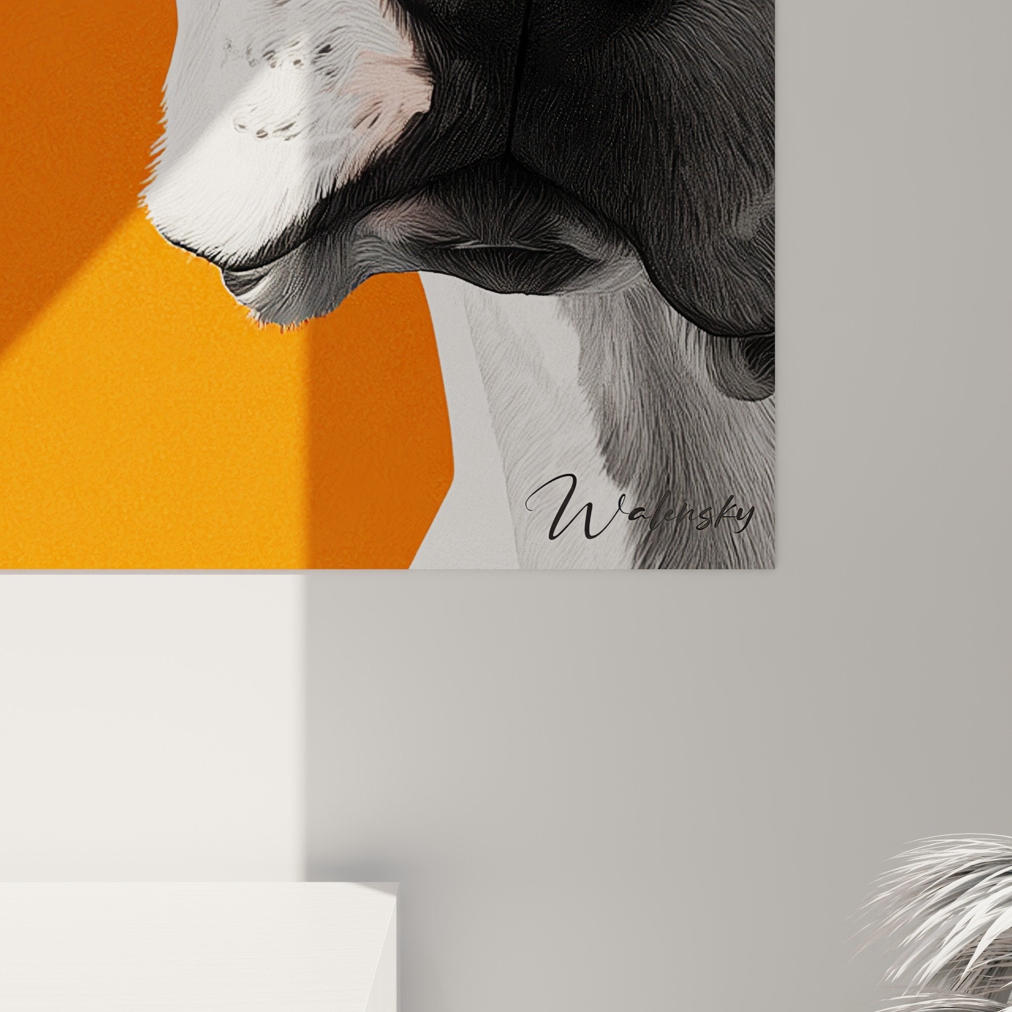 Vue ensemble tableau dogue argentin mural, cadre moderne, portrait chien fond orange, art decoratif contemporain