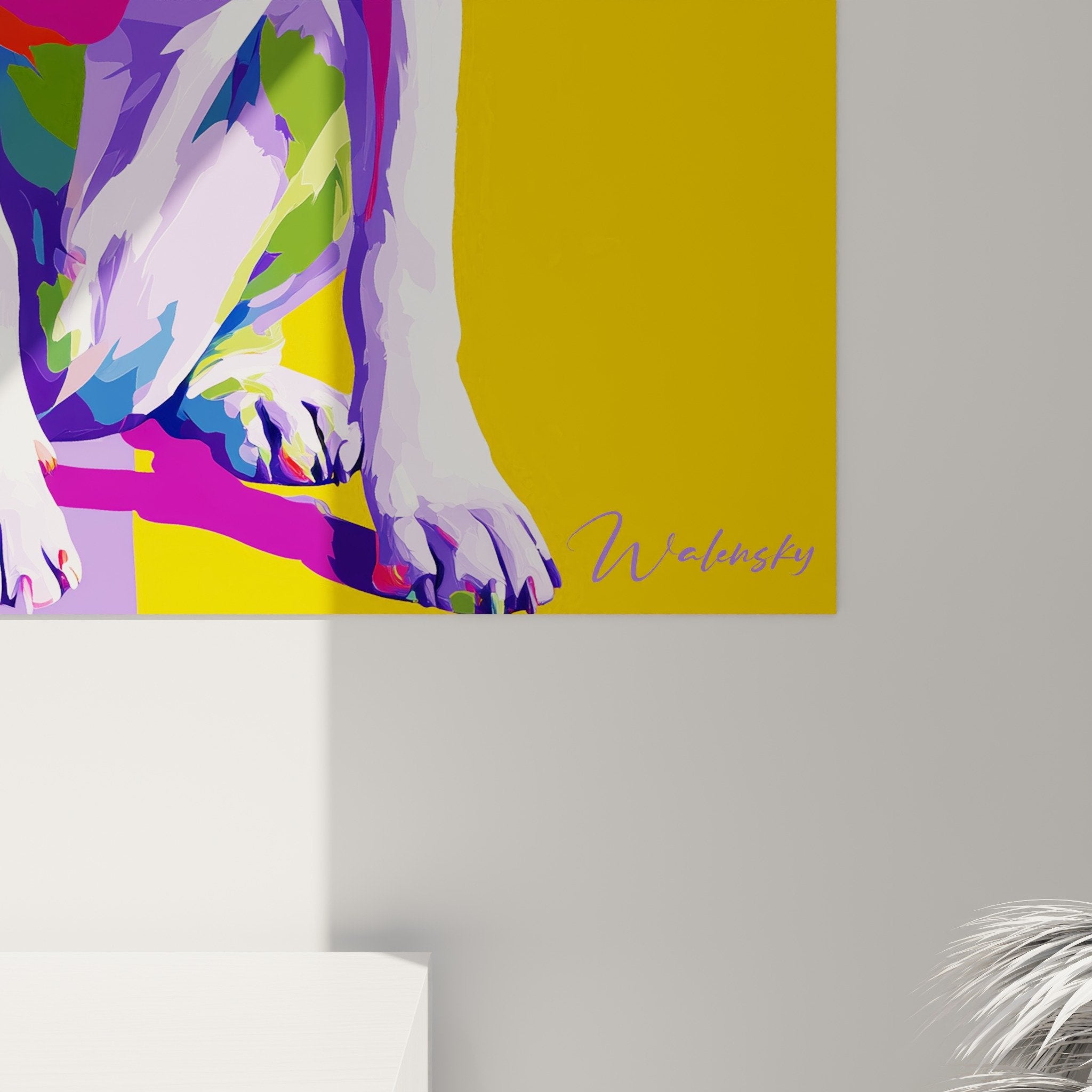 Vue ensemble tableau Dogue Argentin moderne couleurs vives orange violet decoration murale contemporaine