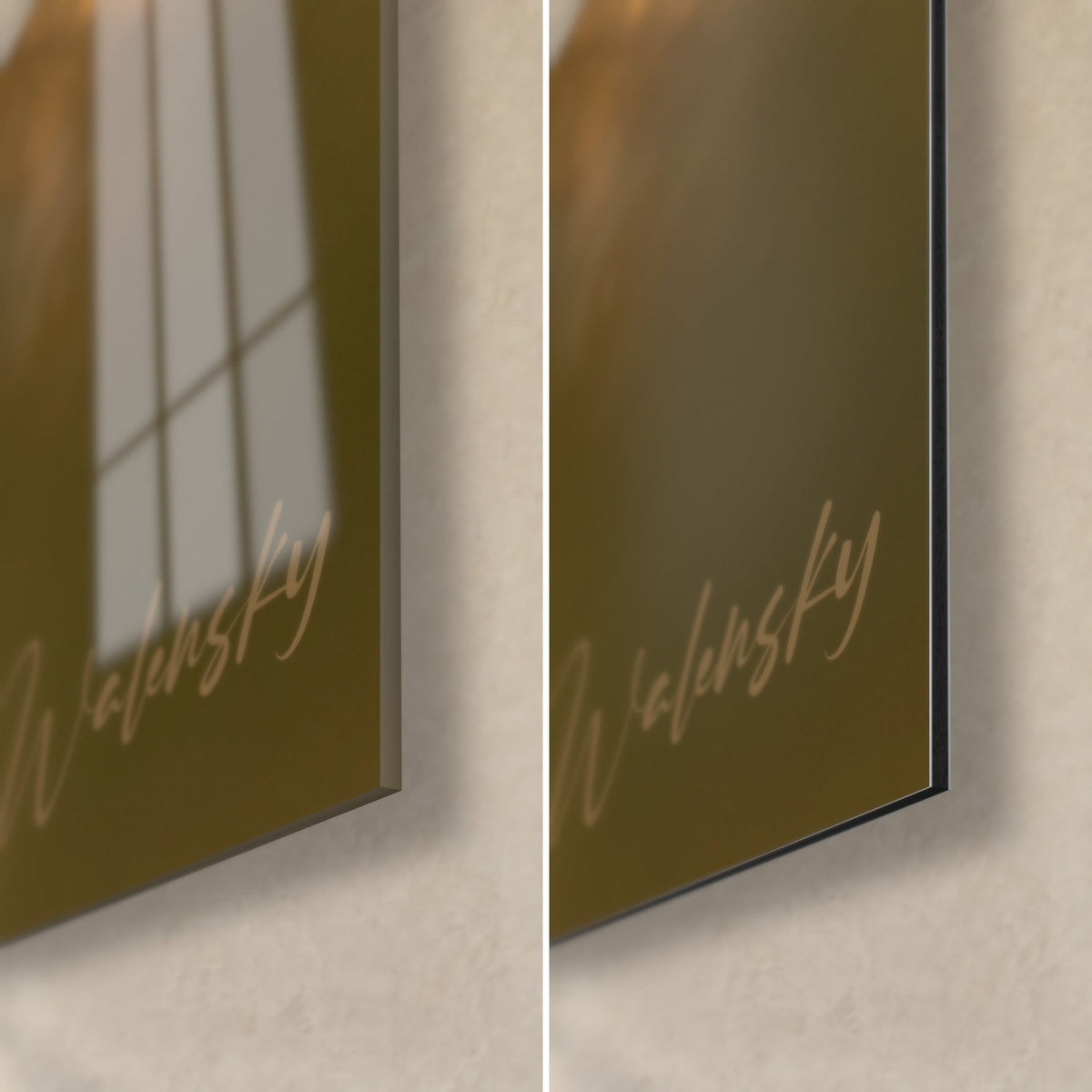 Tableau dogue argentin, coin bas droit : verre brillant reflétant la fenêtre, Dibond mat vert olive, signature dorée et tranche noire