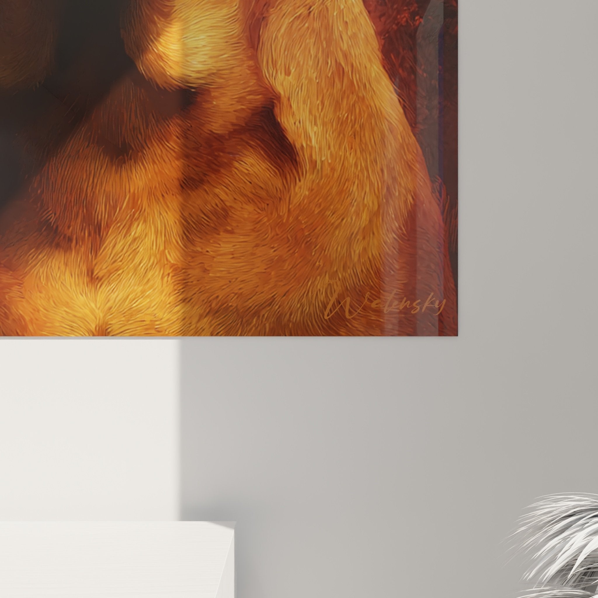 Vue ensemble tableau mural dogue bordeaux salon decoration canine portrait artistique tons chauds