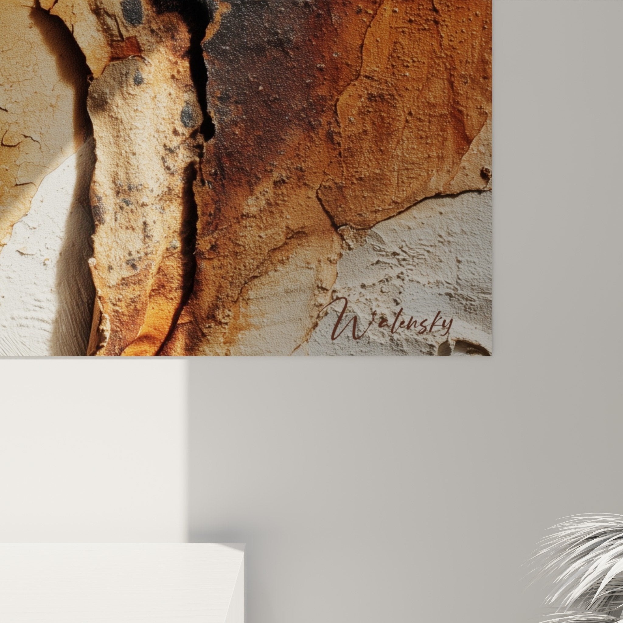 Overall view natural wood bark canvas organic zen interior decoration style