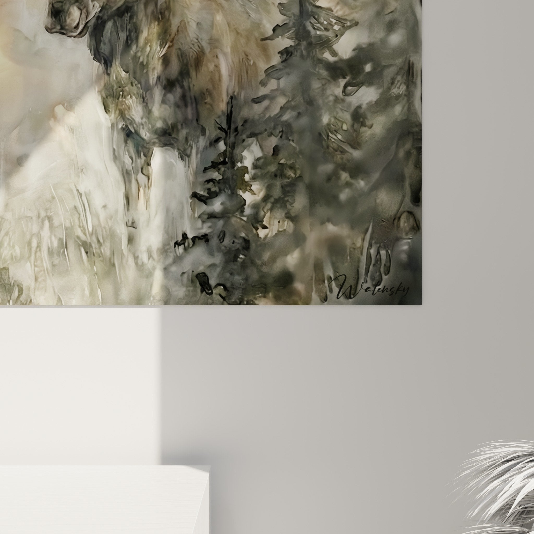 Vue ensemble tableau élan forêt conifères brumeux palette gris beige doré composition artistique nature