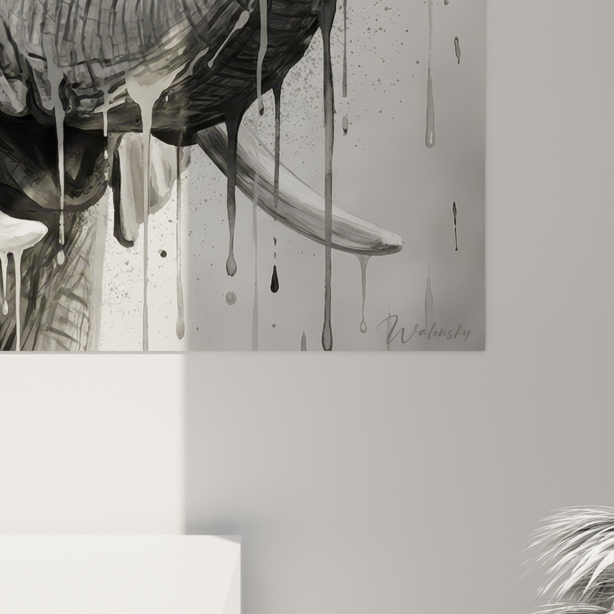 Vue ensemble tableau elephant street art dripping noir blanc decoration murale contemporaine coulures