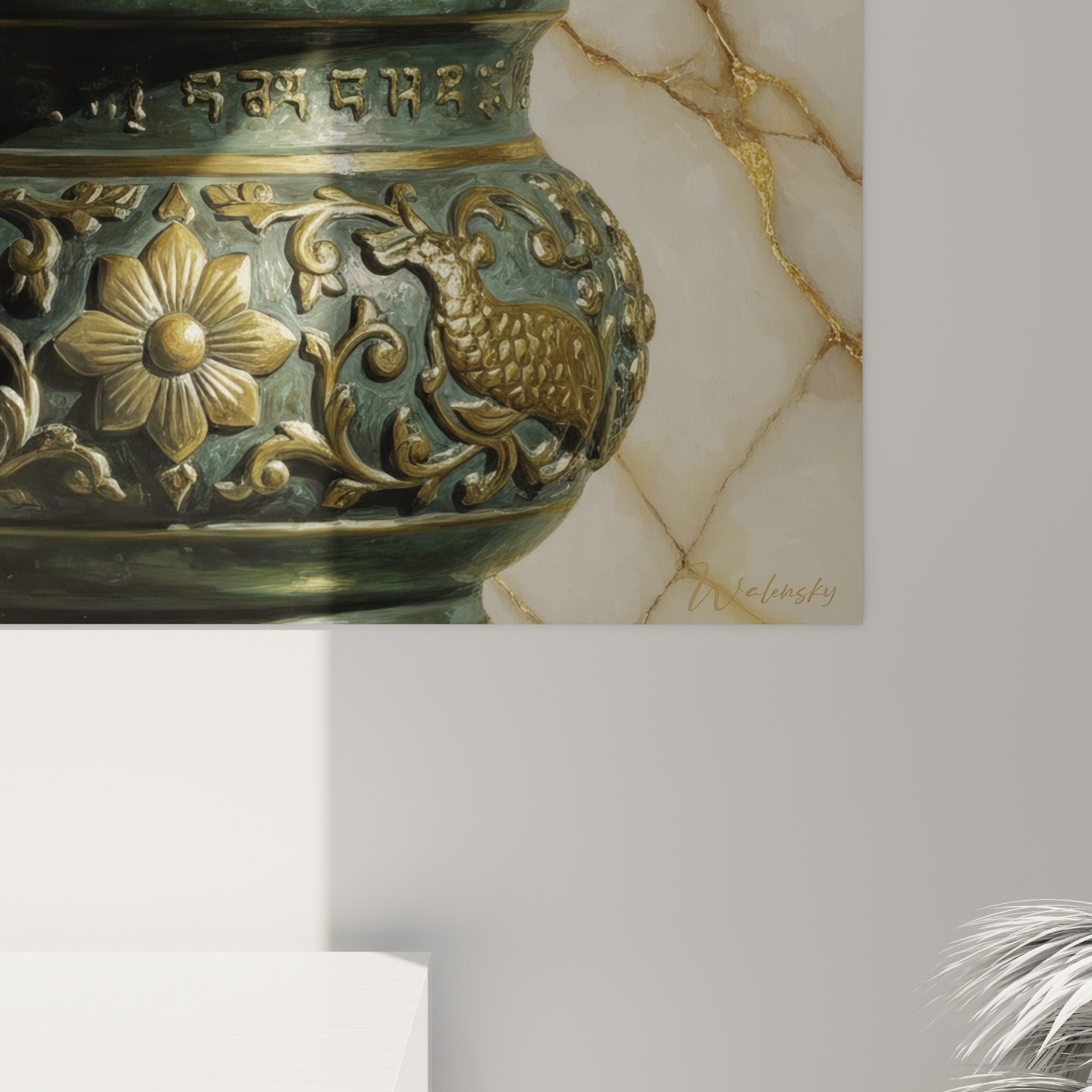 Vue ensemble tableau encens bronze marbre dore decoration murale