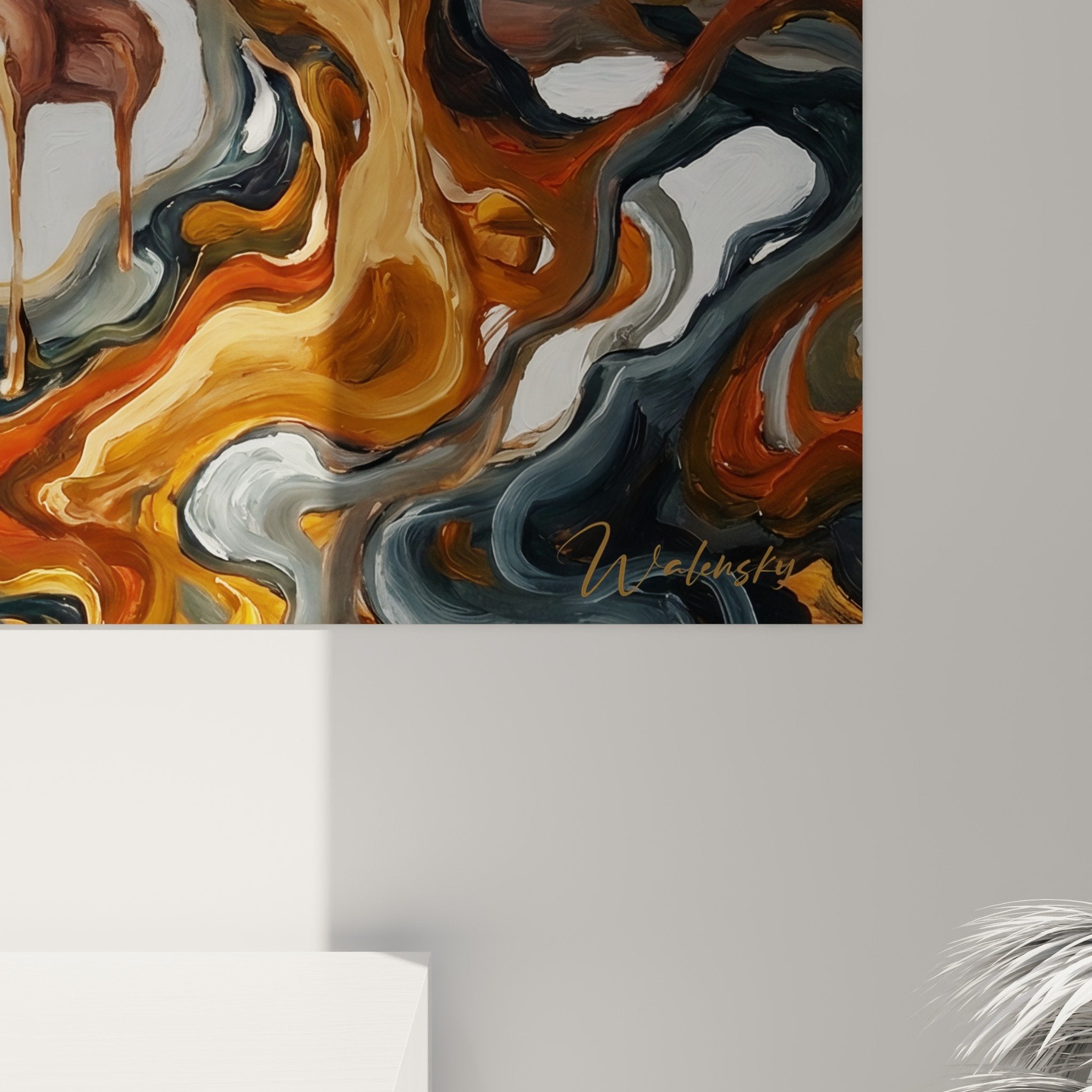 Vue ensemble tableau encens main flammes orange fumee grise fond blanc art meditation spiritualite
