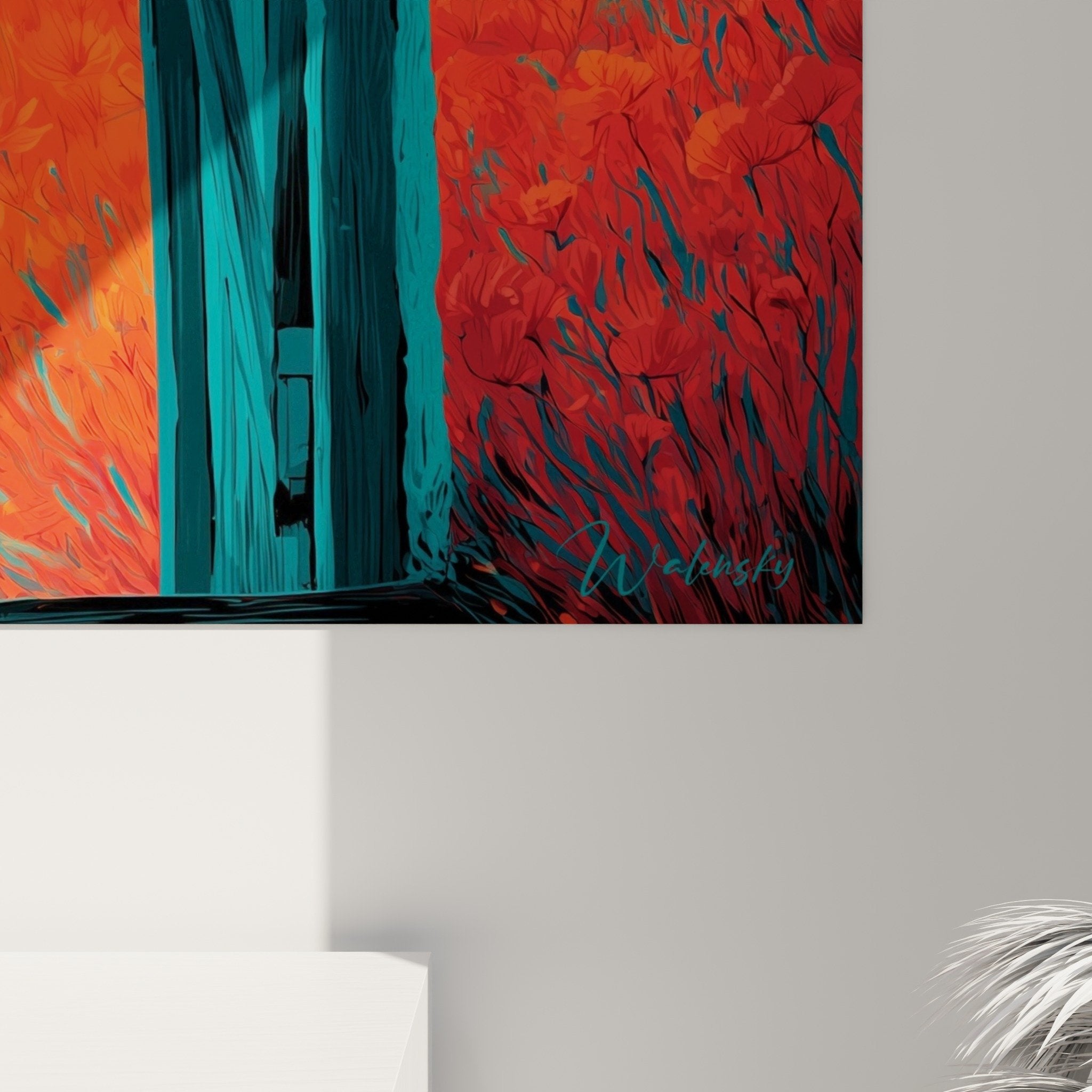 Vue ensemble tableau enfant jardin coquelicots orange turquoise art mural