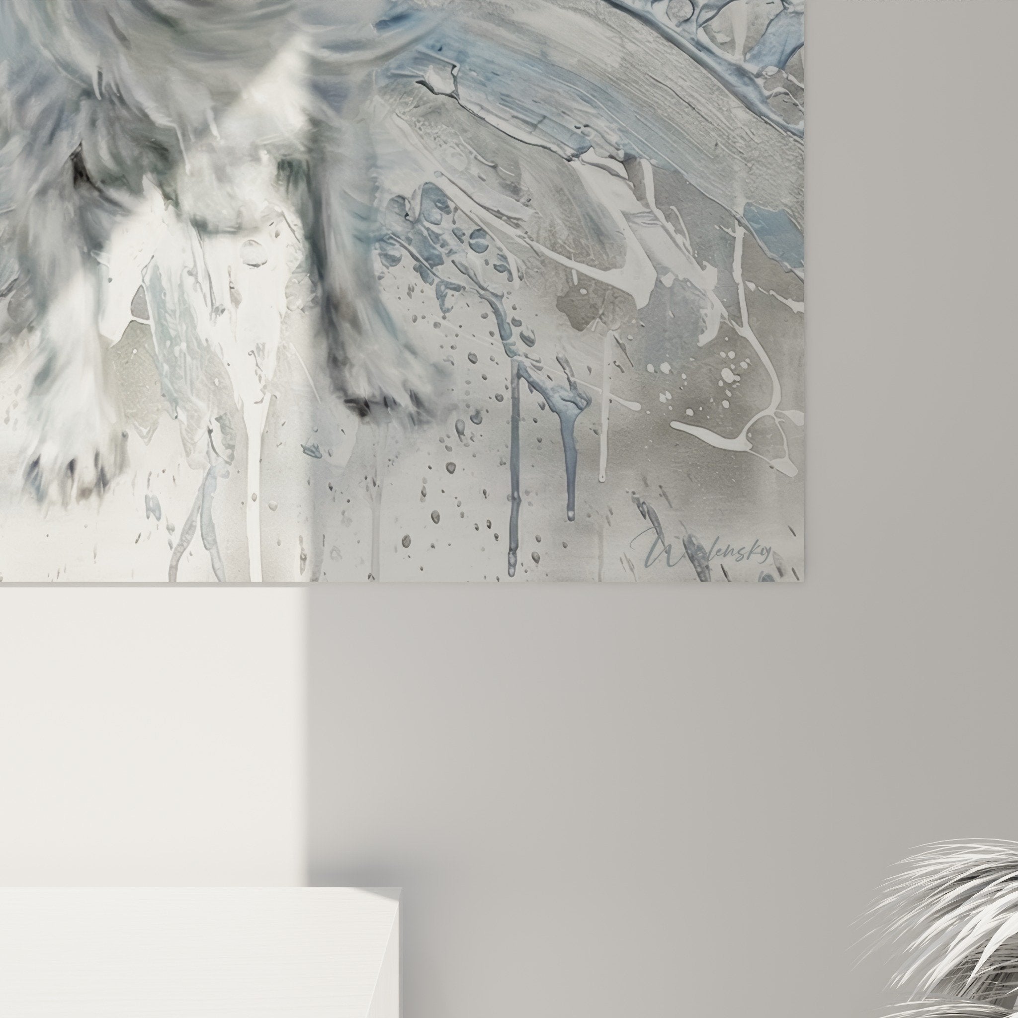 Vue ensemble tableau epagneul japonais eclaboussures aquatiques decoration interieur moderne